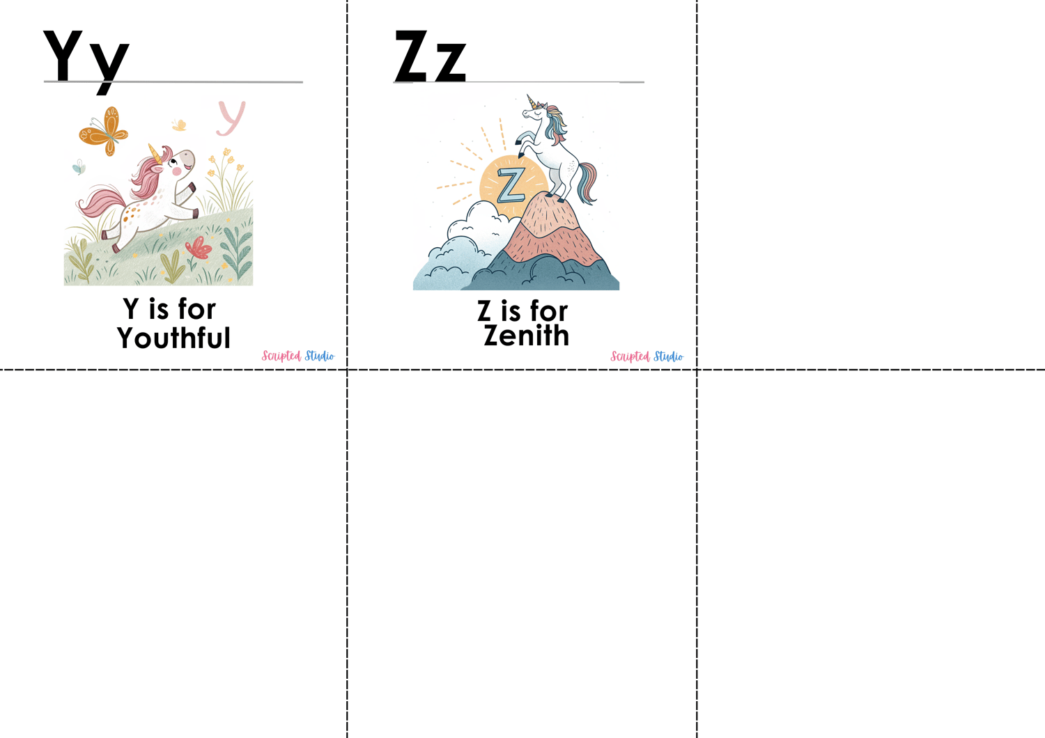 6 Colorful A-Z doodle unicorn flashcards, each showcasing a fun word and illustration, such as  y is for youth
