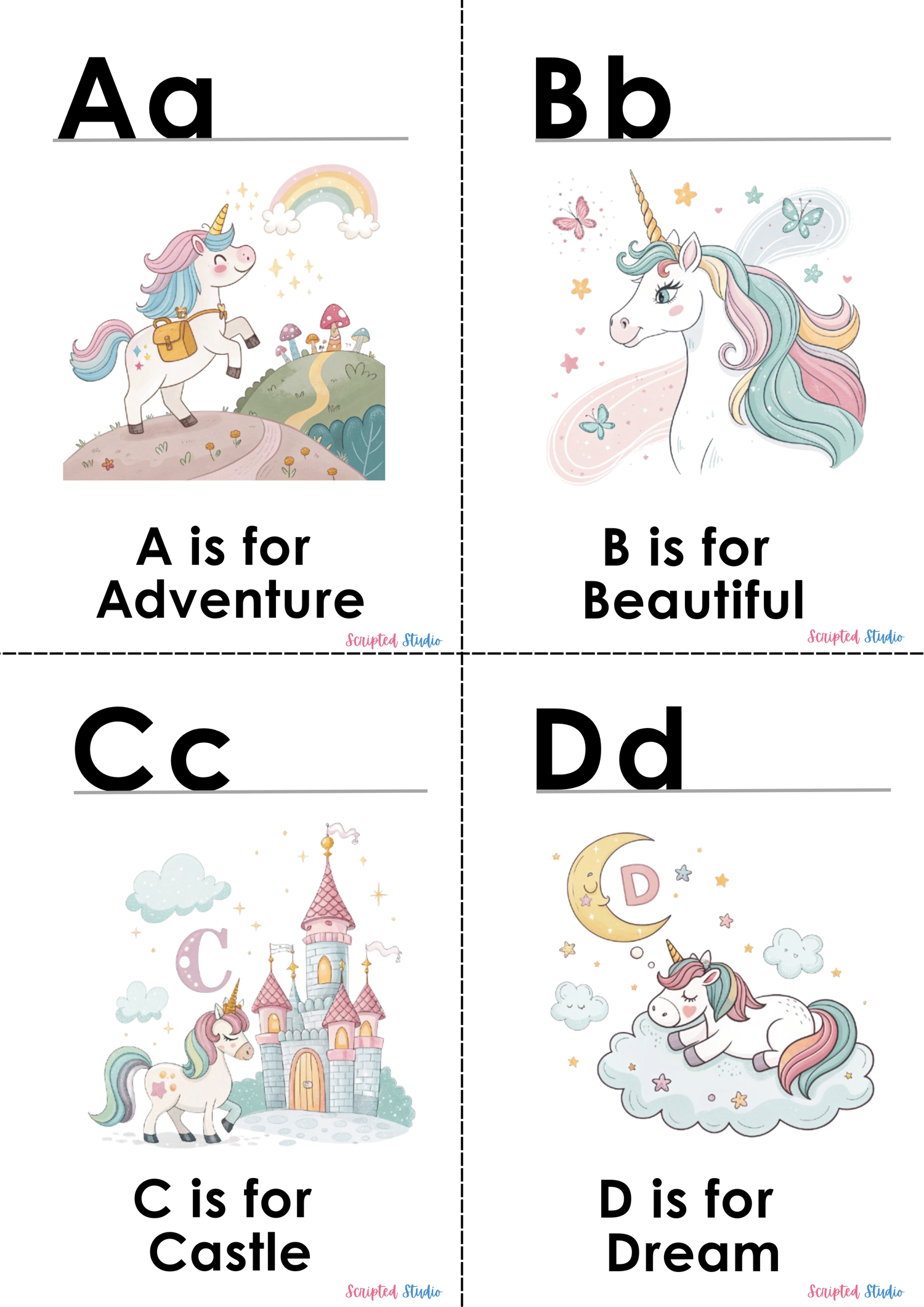 Colorful A-Z doodle unicorn flashcards, each showcasing a fun word and illustration, such as "A is for Adventure." mock upColorful A-Z doodle unicorn flashcards, each showcasing a fun word and illustration, such as "A is for Adventure. and b for beautiful