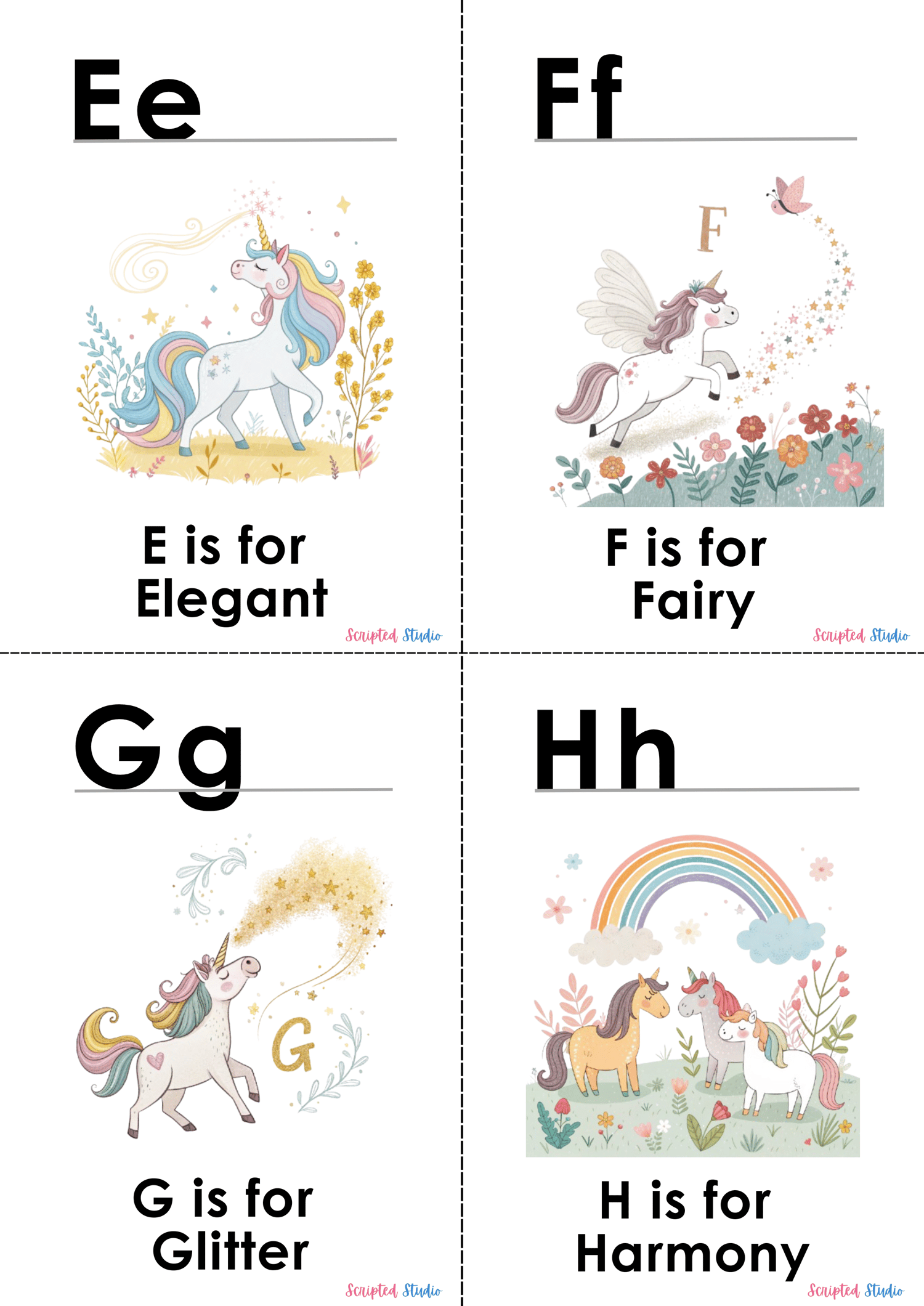 4 Colorful A-Z doodle unicorn flashcards, each showcasing a fun word and illustration, such as "E is for Elegant"