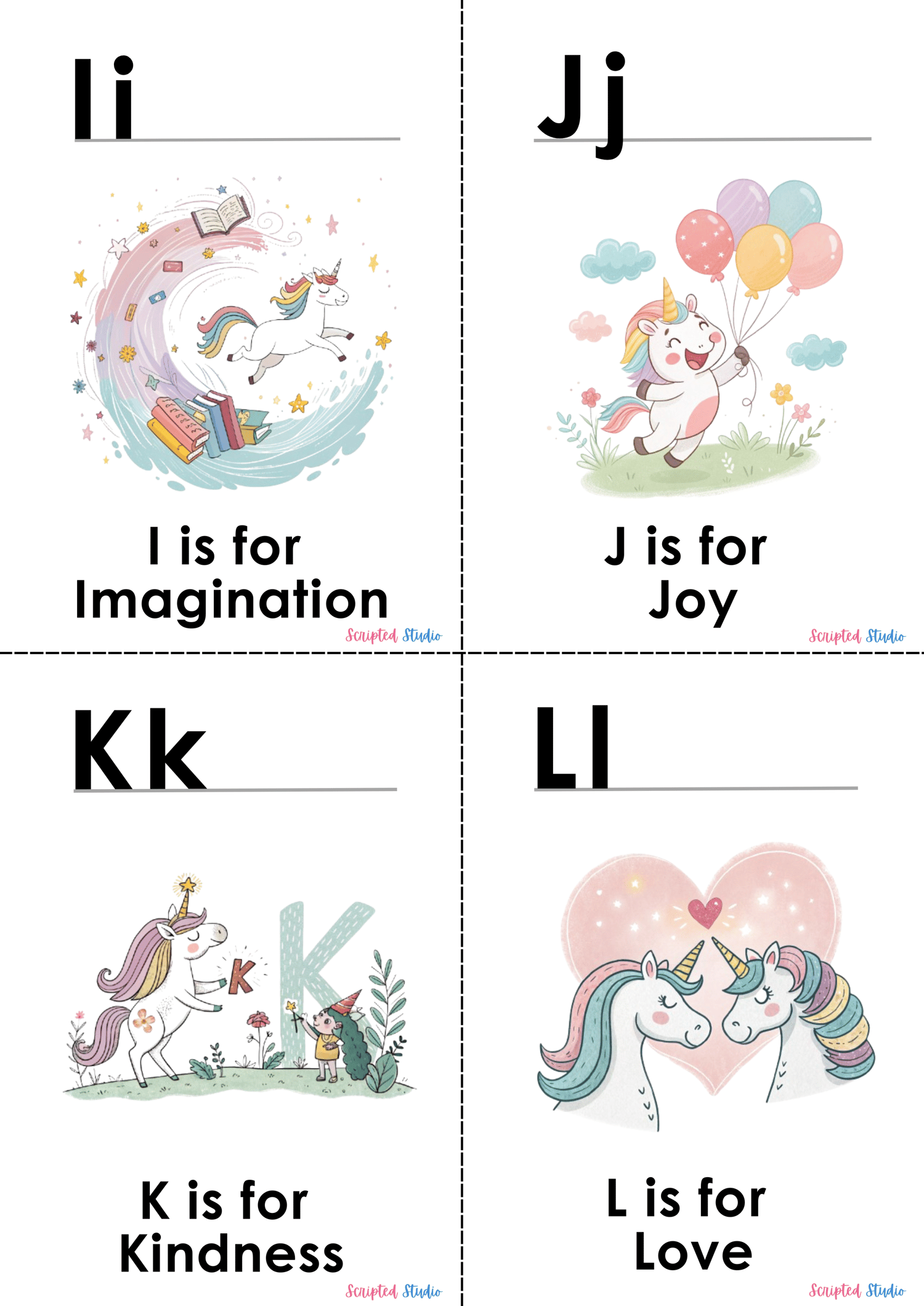 4  Colorful A-Z doodle unicorn flashcards, each showcasing a fun word and illustration, such as "N is for Nigh