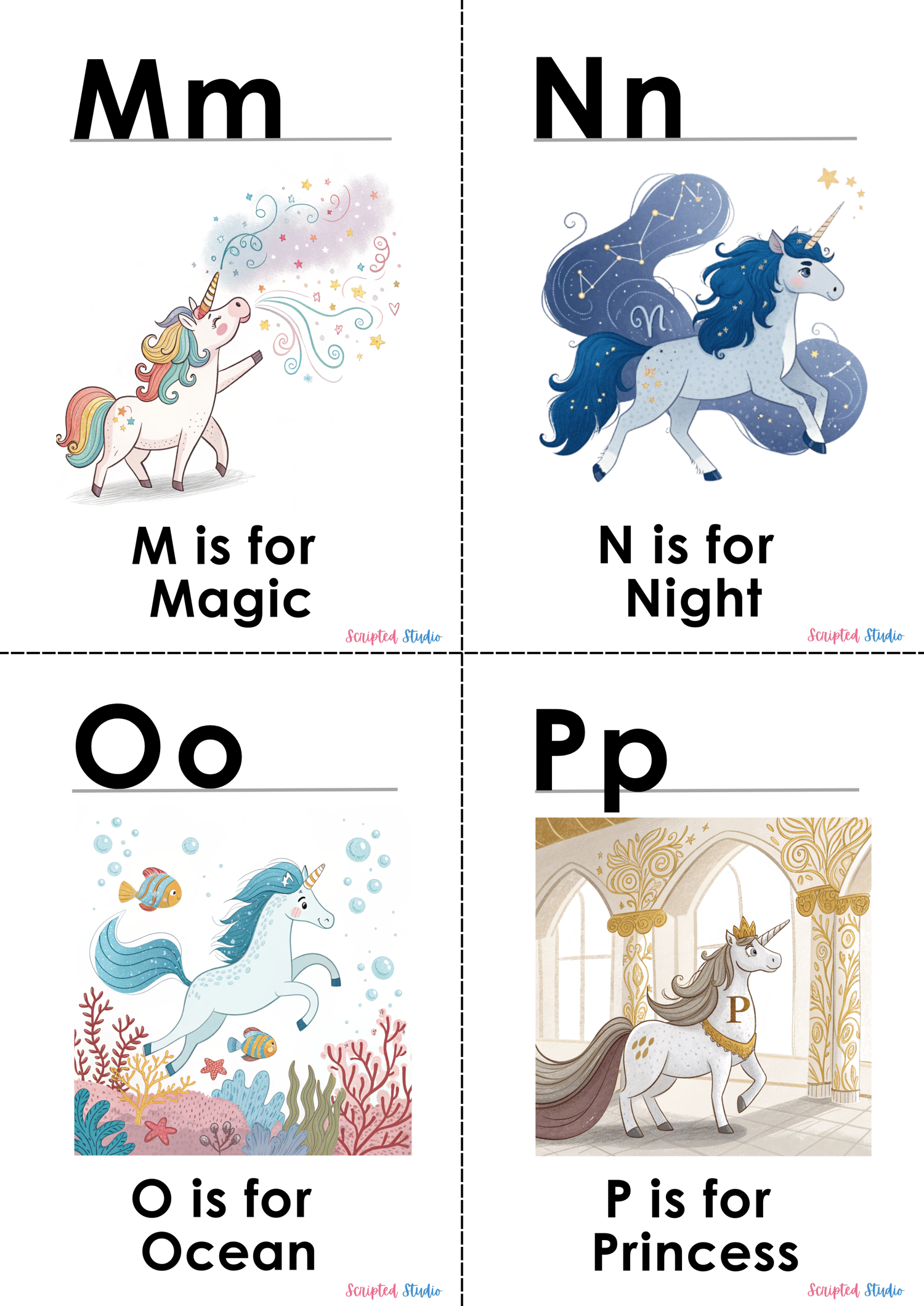 Colorful A-Z doodle unicorn flashcards, each showcasing a fun word and illustration, such as "m is for magic n is for night