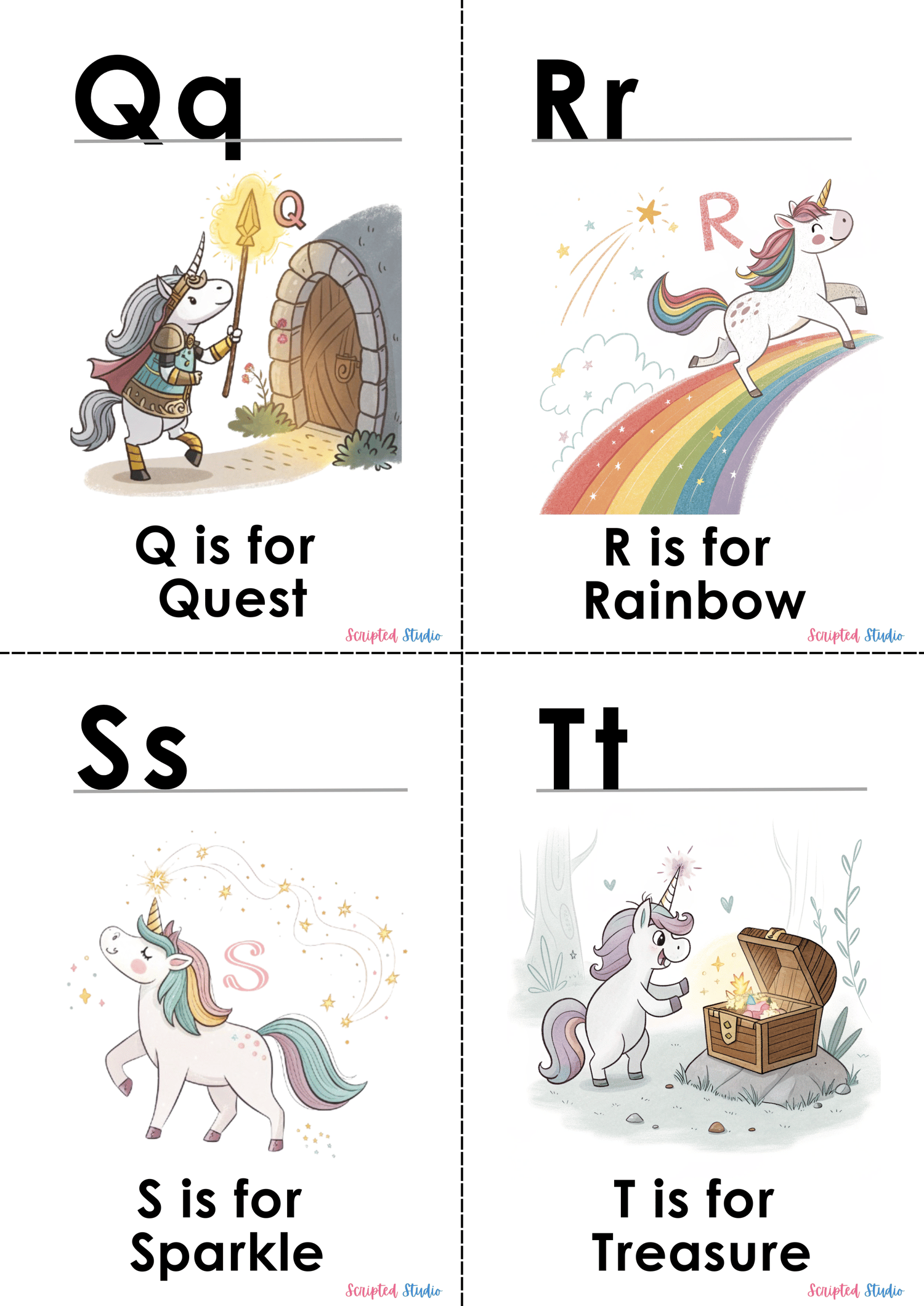 Colorful A-Z doodle unicorn flashcards, each showcasing a fun word and illustration, such as "O is for ocean and R is for rainbow
