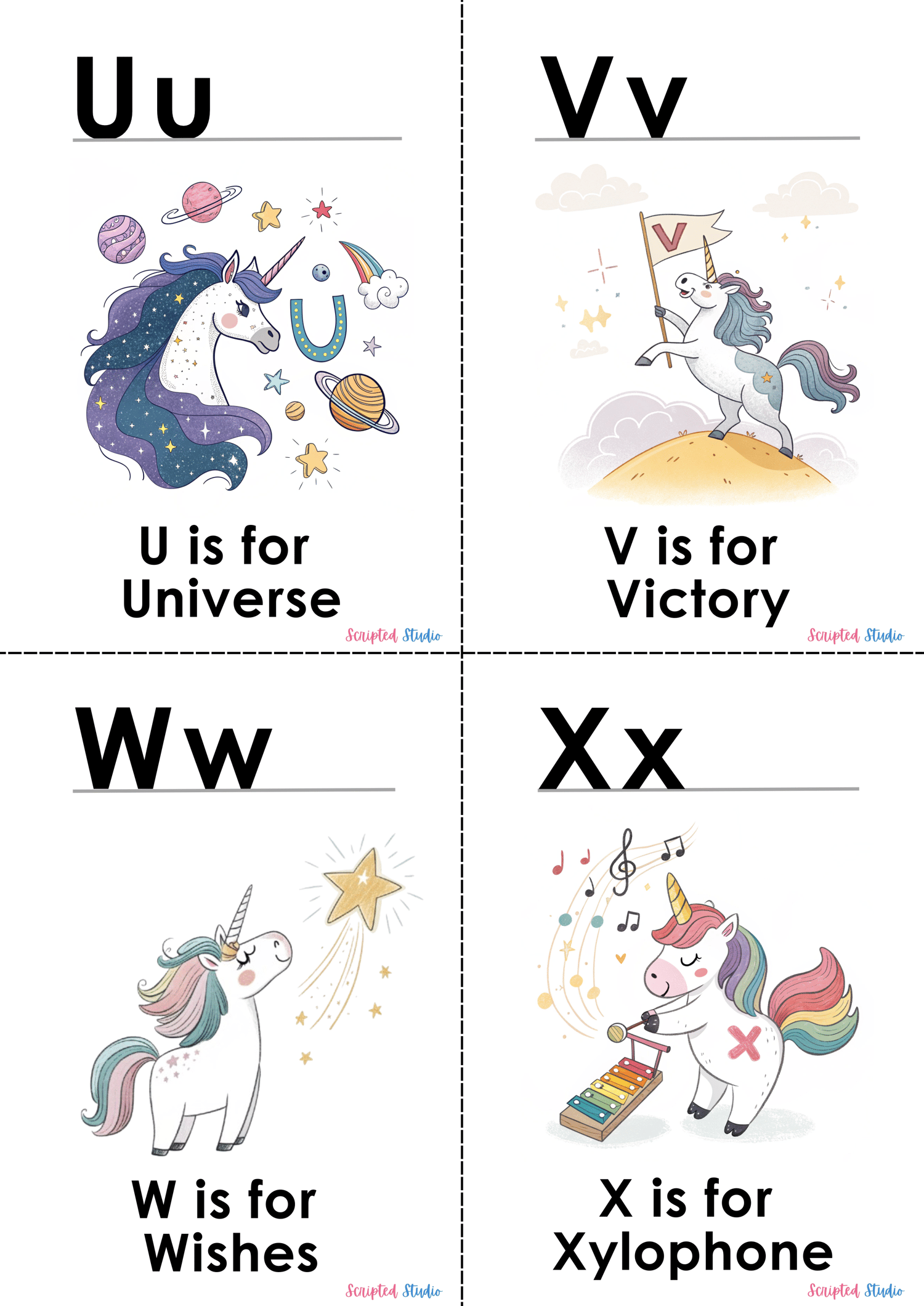 Colorful A-Z doodle unicorn flashcards, each showcasing a fun word and illustration, such as "s is for Sparkle