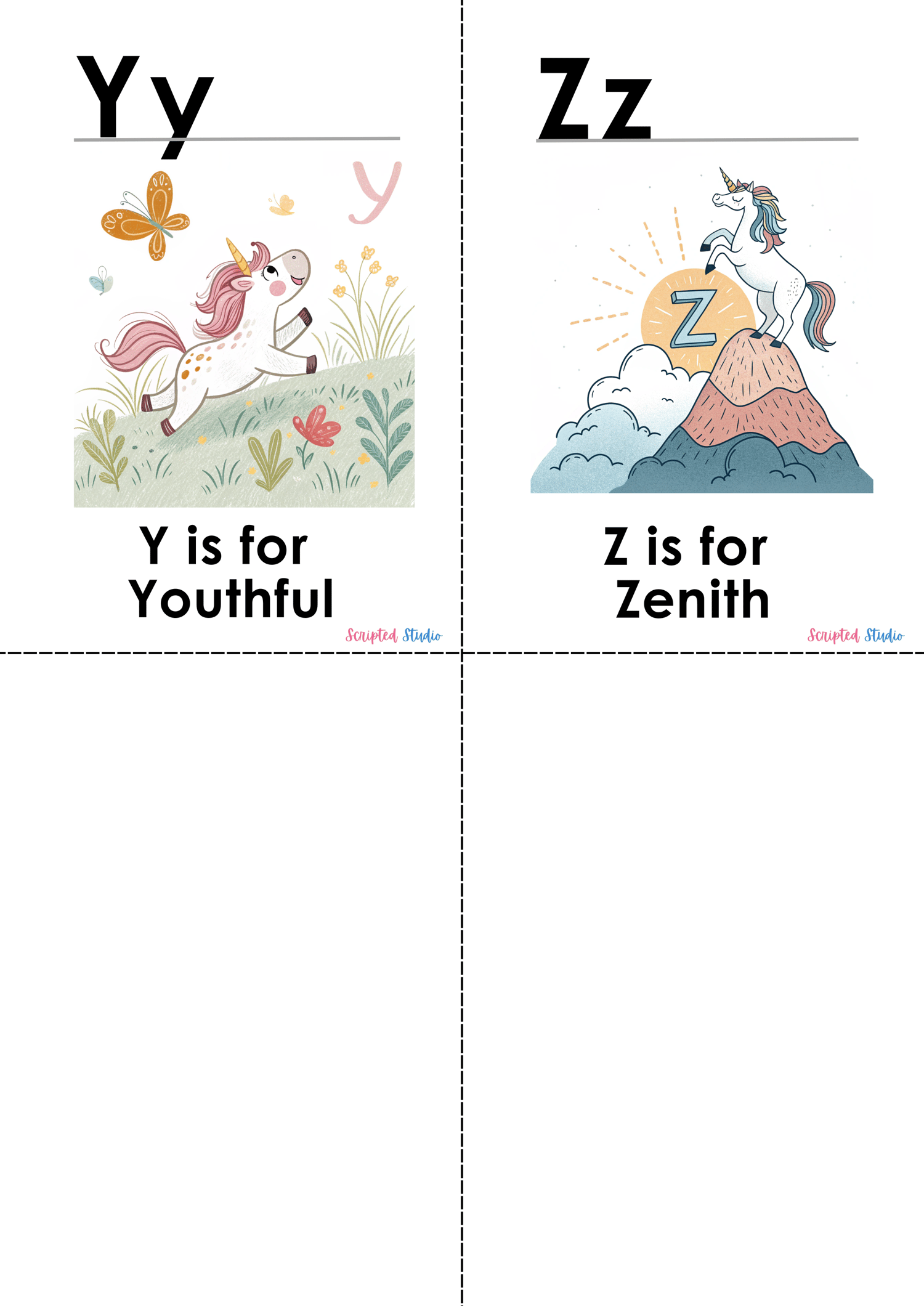 Colorful A-Z doodle unicorn flashcards, each showcasing a fun word and illustration, such as "w is for  wishes Y is for youth