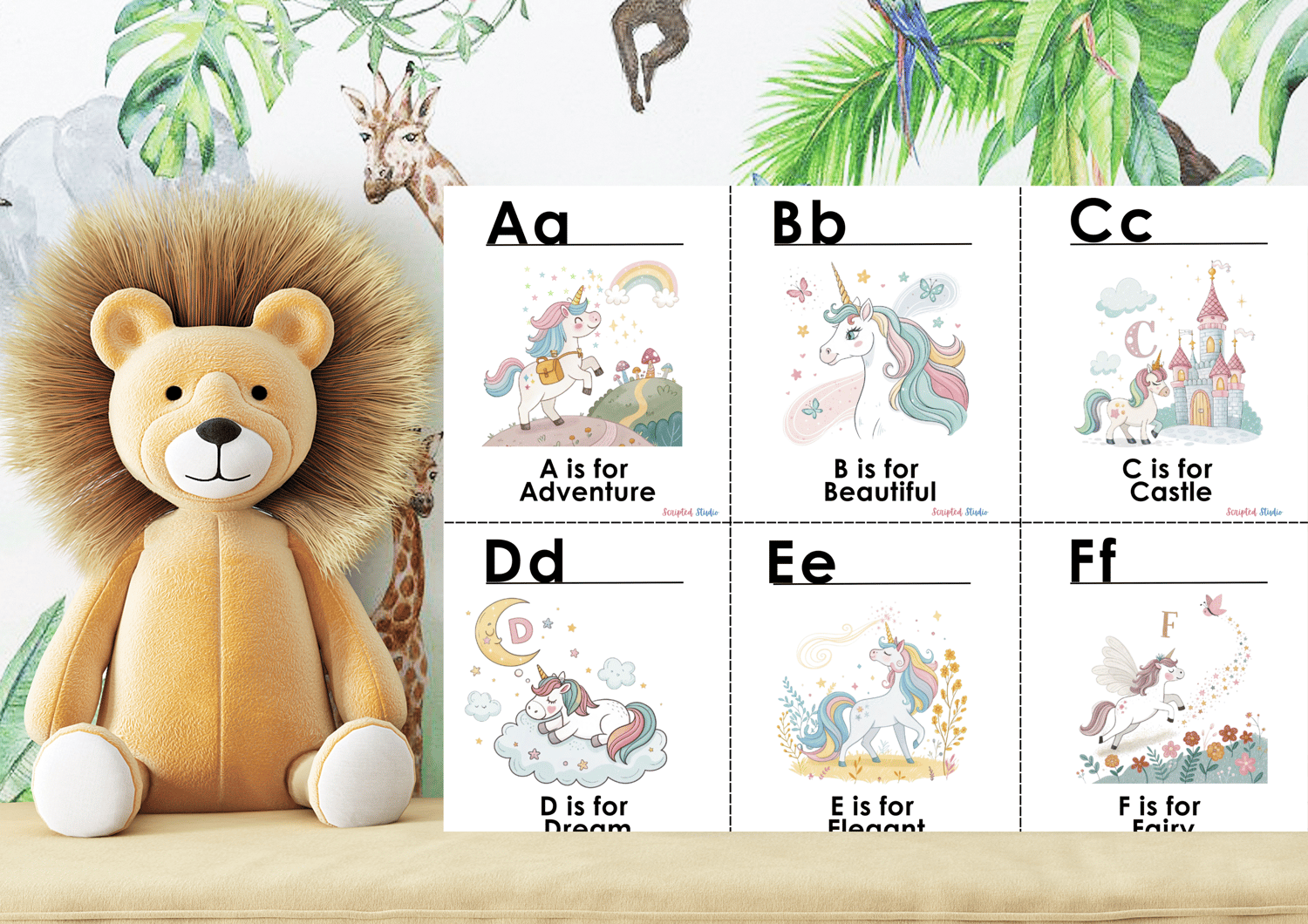 6 Colorful A-Z doodle unicorn flashcards, each showcasing a fun word and illustration on a nursery shelf  the a lion teddy