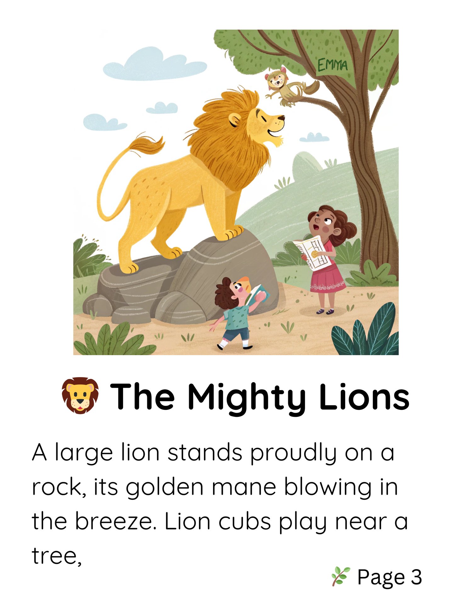 A delightful childrens book about Emmas zoo adventure, filled with fun illustrations and animal characters for early readers cover page. the mighty lion