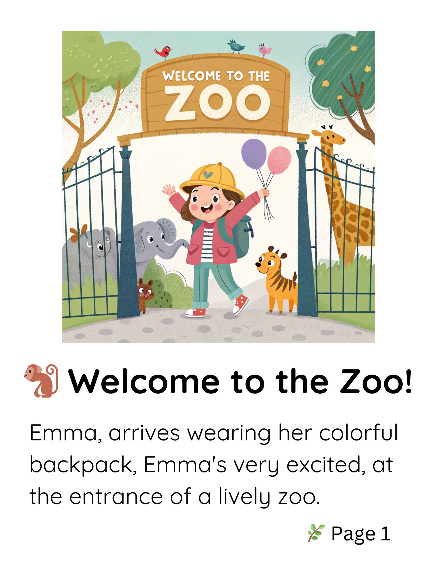 A delightful childrens book about Emmas zoo adventure, filled with fun illustrations and animal characters for early readers cover page. in color