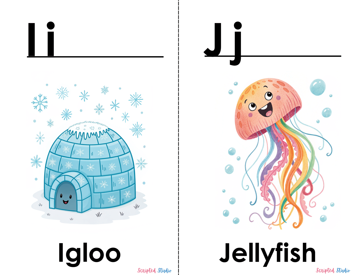 Doodle-style ABC flashcards with cute doodle igloo and jellyfish