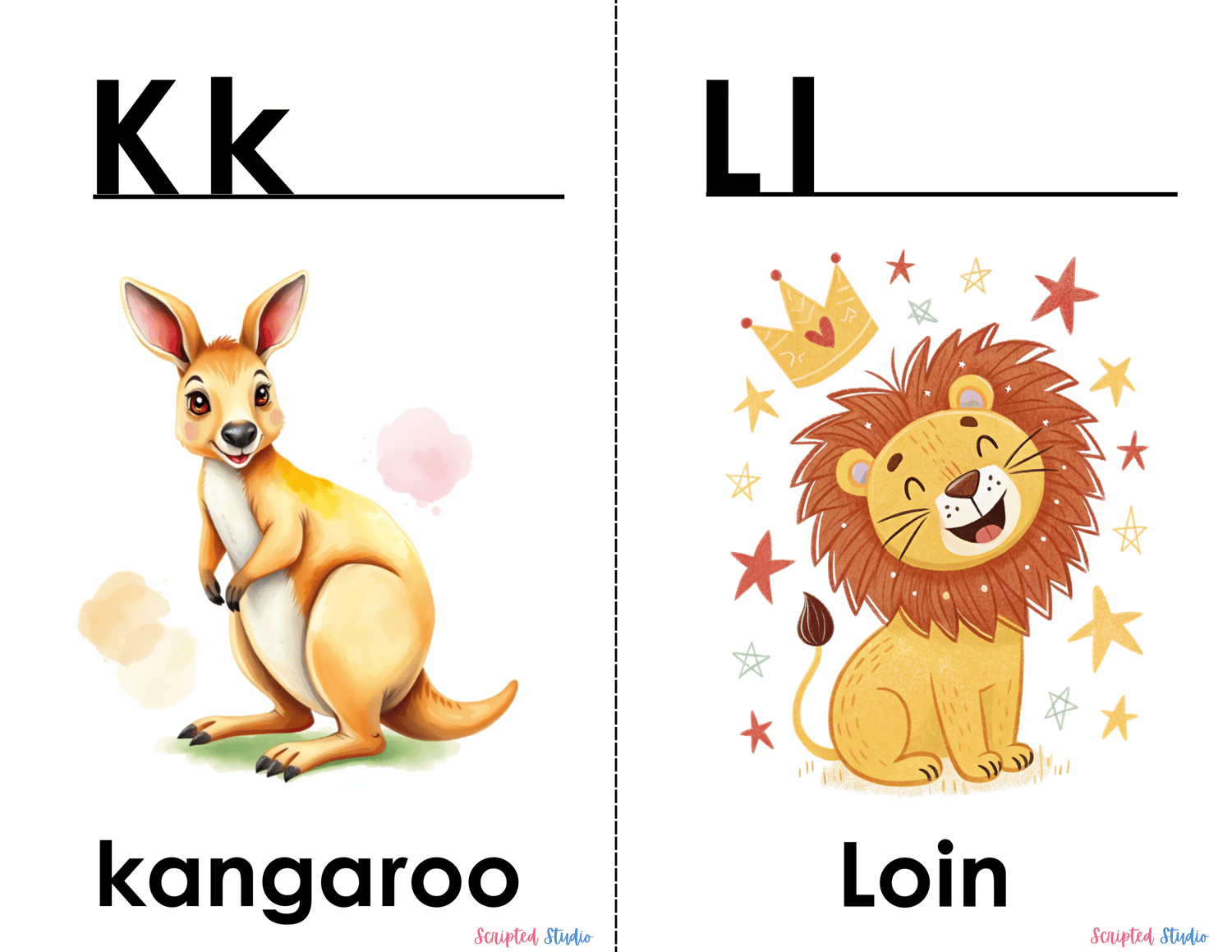 Doodle-style ABC flashcards with cute doodle kangaroo and a lion