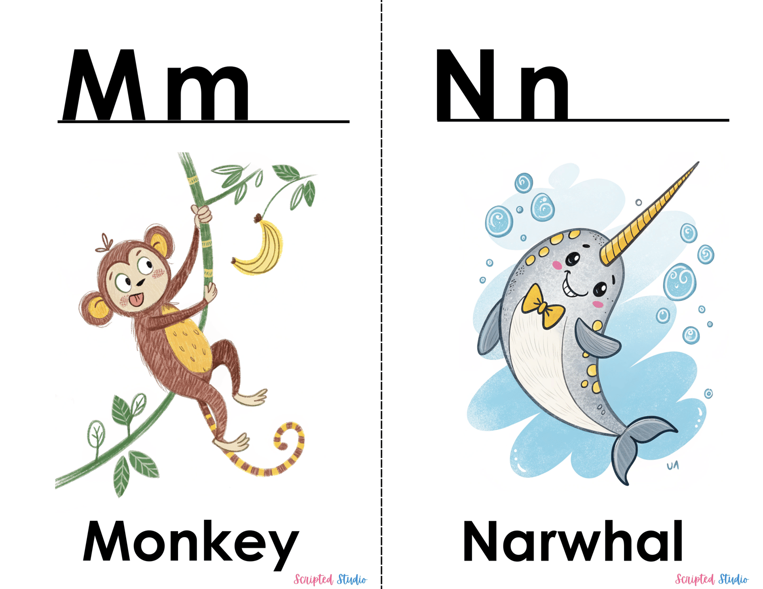 Doodle-style ABC flashcards with cute doodle monkey, swinging on a  tree and a N for narwhal