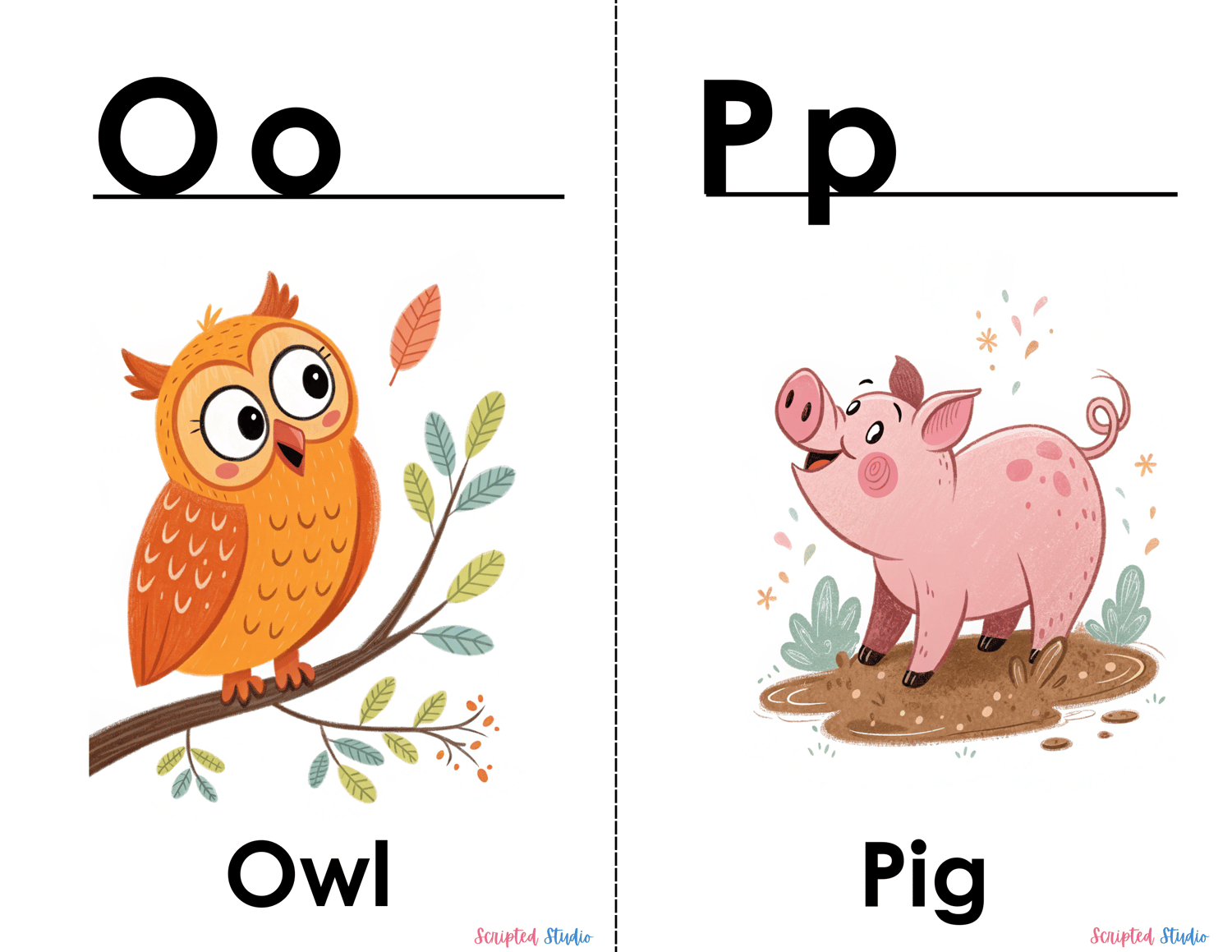 Doodle-style ABC flashcards with cute doodle owl and a pig