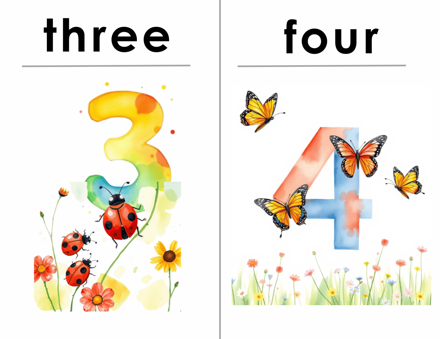 Colorful flashcards with numbers 3-4, featuring doodle graphics designed to make counting fun for kids