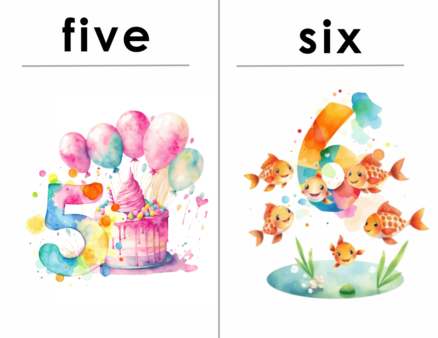 Colorful flashcards with numbers 5-6, featuring doodle graphics designed to make counting fun for kids