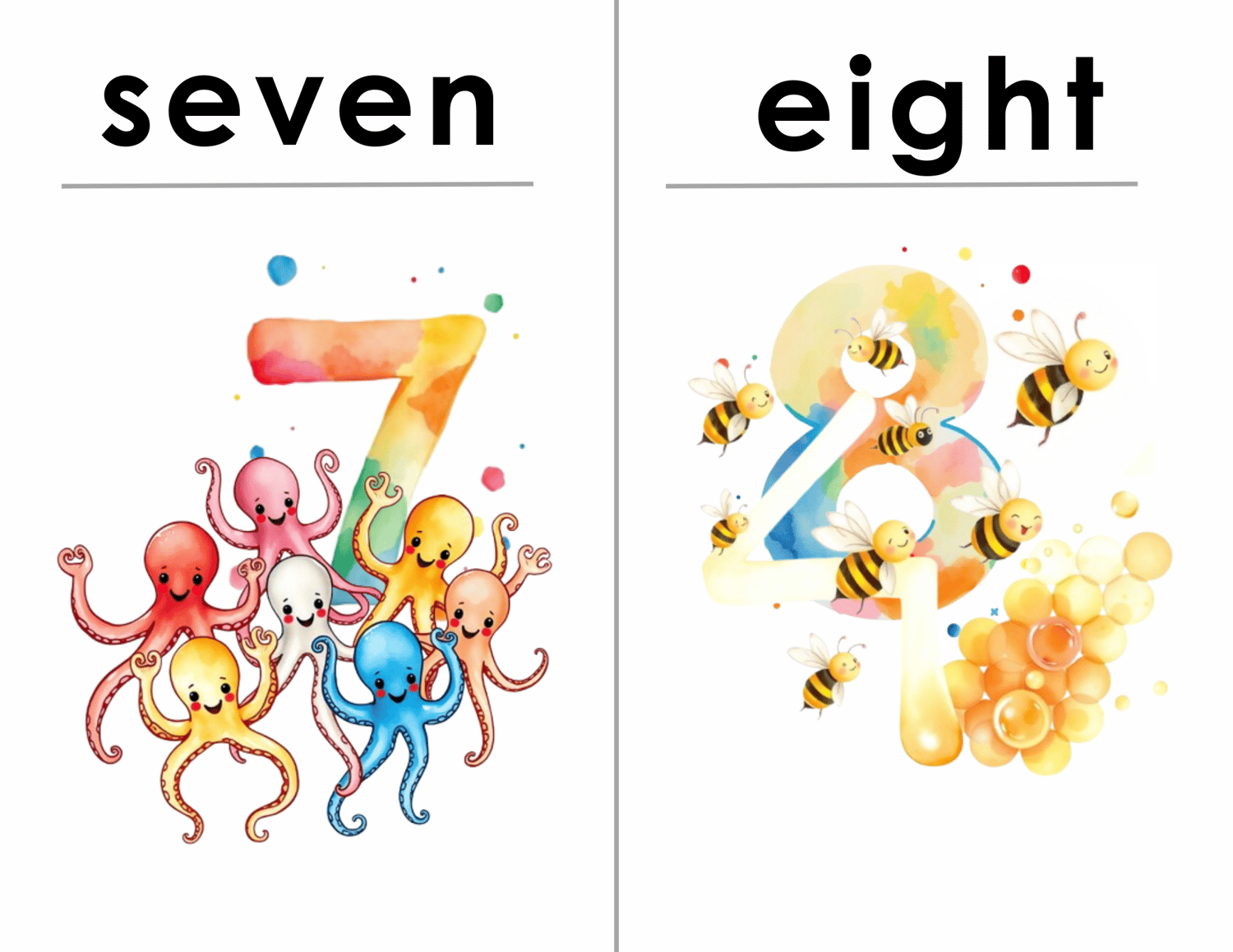 Colorful flashcards with numbers 7-8 featuring doodle graphics designed to make counting fun for kids