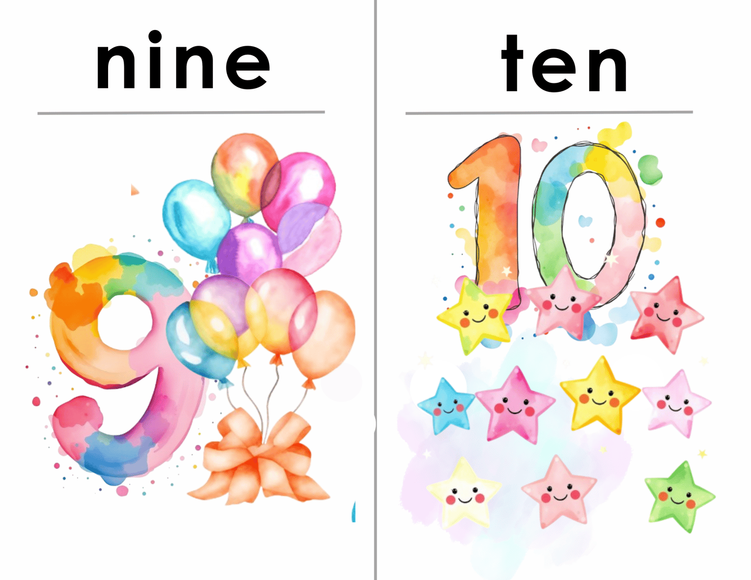 Colorful flashcards with numbers 9-10, featuring doodle graphics designed to make counting fun for kids
