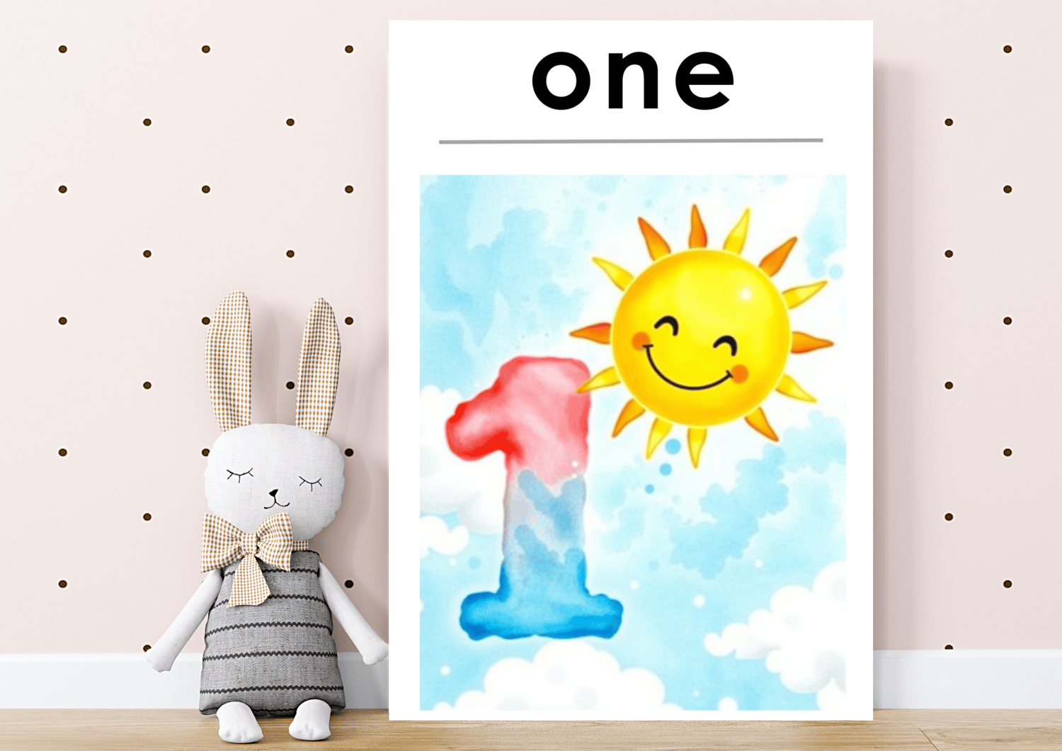 Colorful flashcards with numbers 1, featuring doodle graphics designed to make counting fun for kids mock up