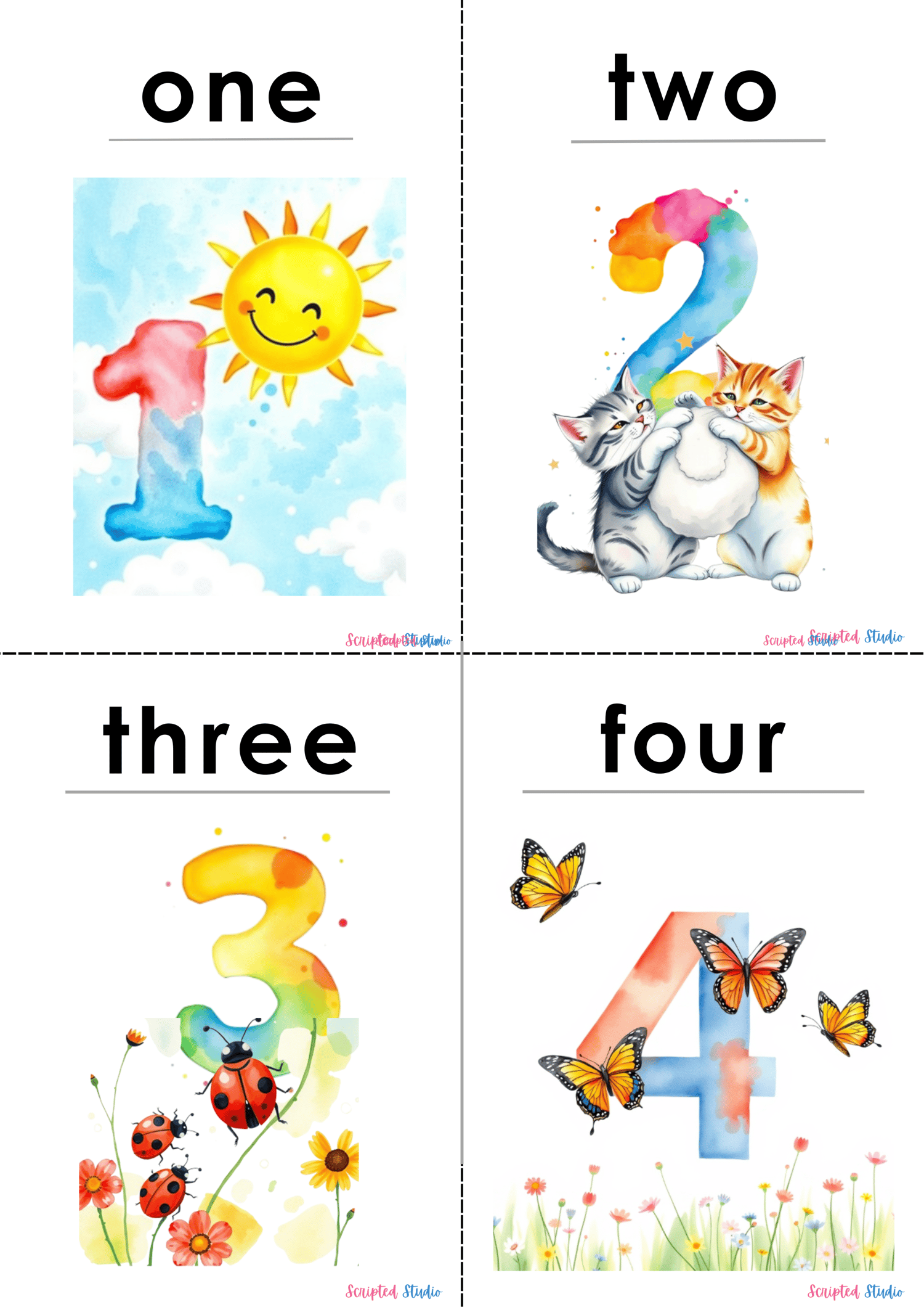 Colorful flashcards with numbers 1, - 4 featuring doodle graphics designed to make counting fun for kids