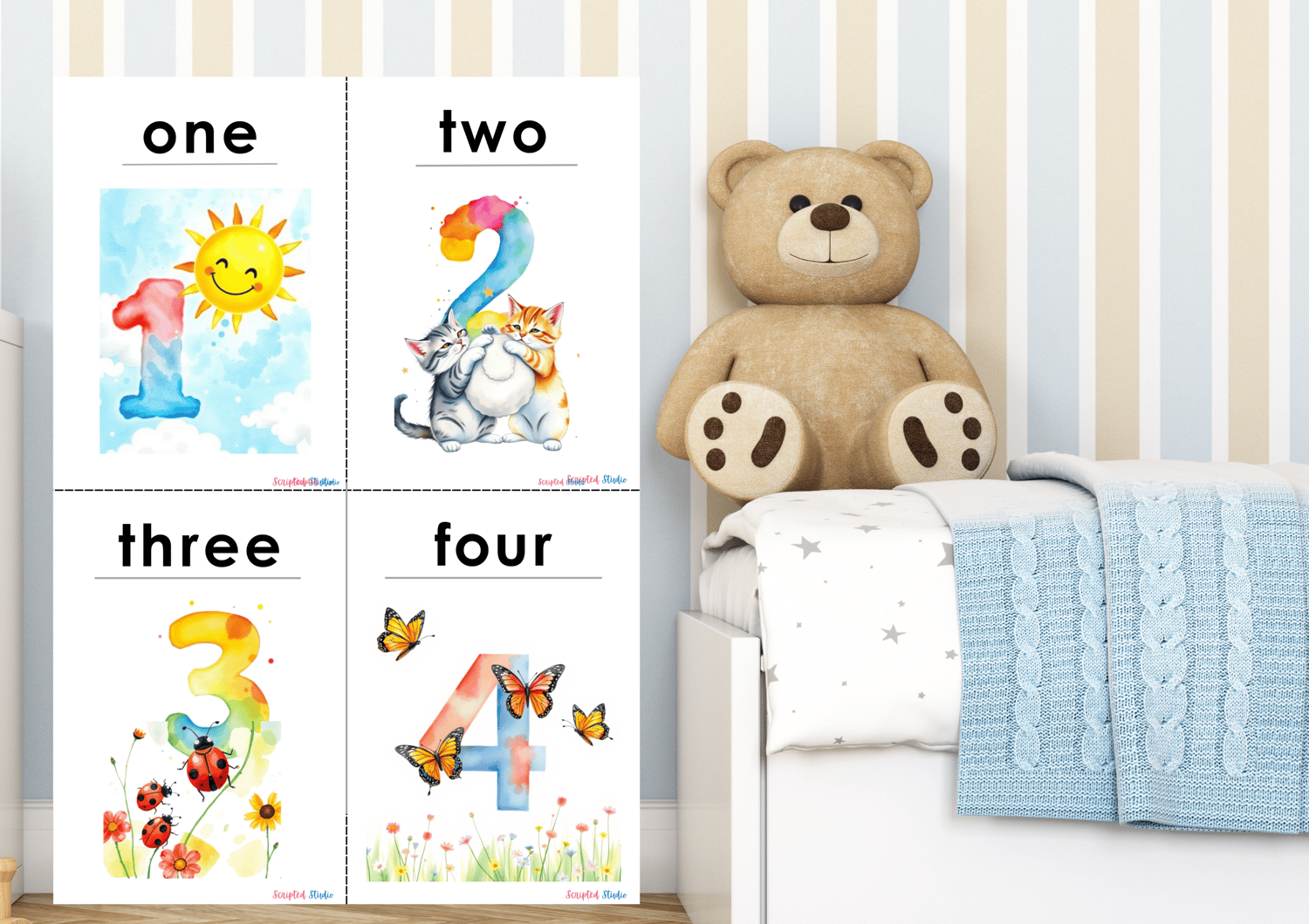 Colorful flashcards with numbers 1, - 4 featuring doodle graphics designed to make counting fun for kids mock up