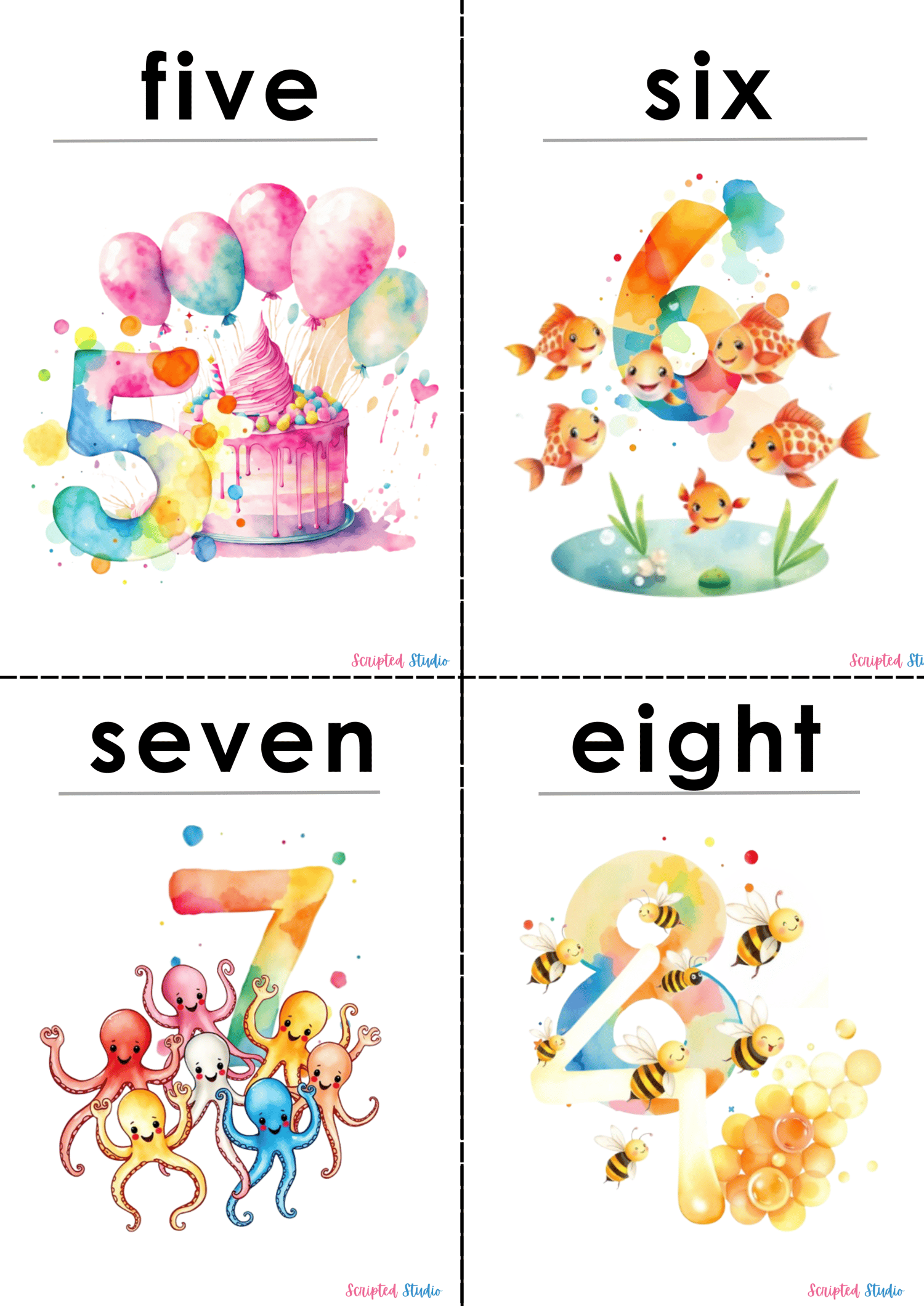 Colorful flashcards with numbers 5, - 8 featuring doodle graphics designed to make counting fun for kids