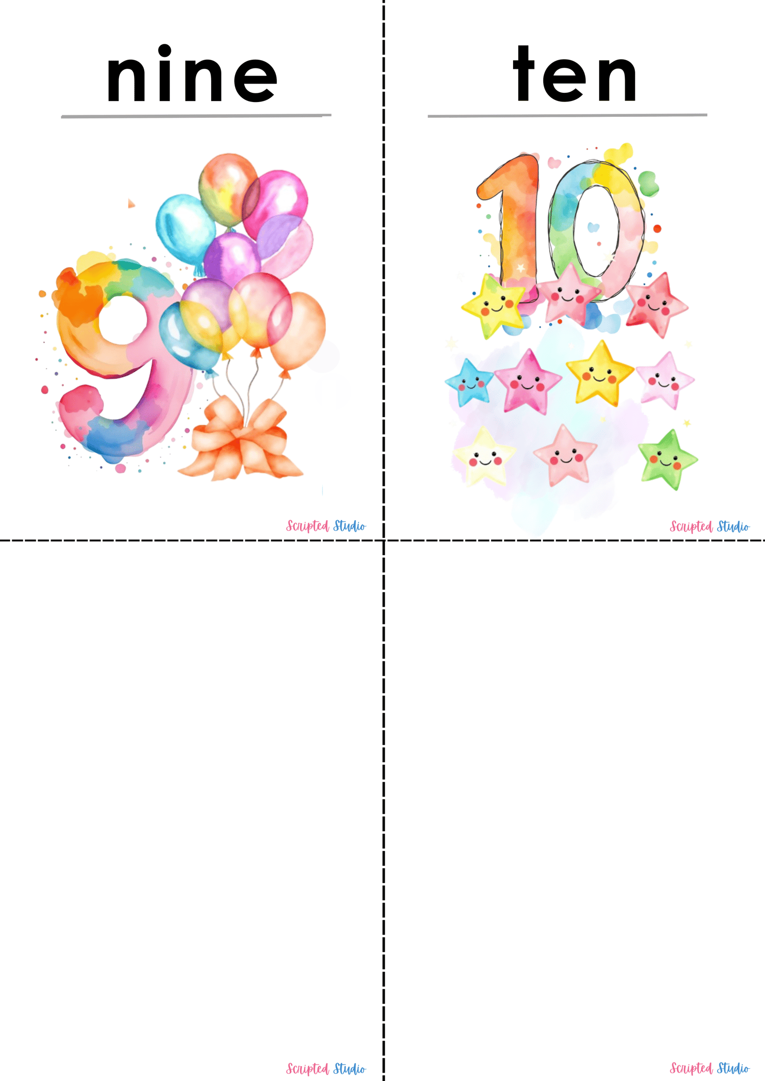 Colorful flashcards with numbers 9 - 10 featuring doodle graphics designed to make counting fun for kids