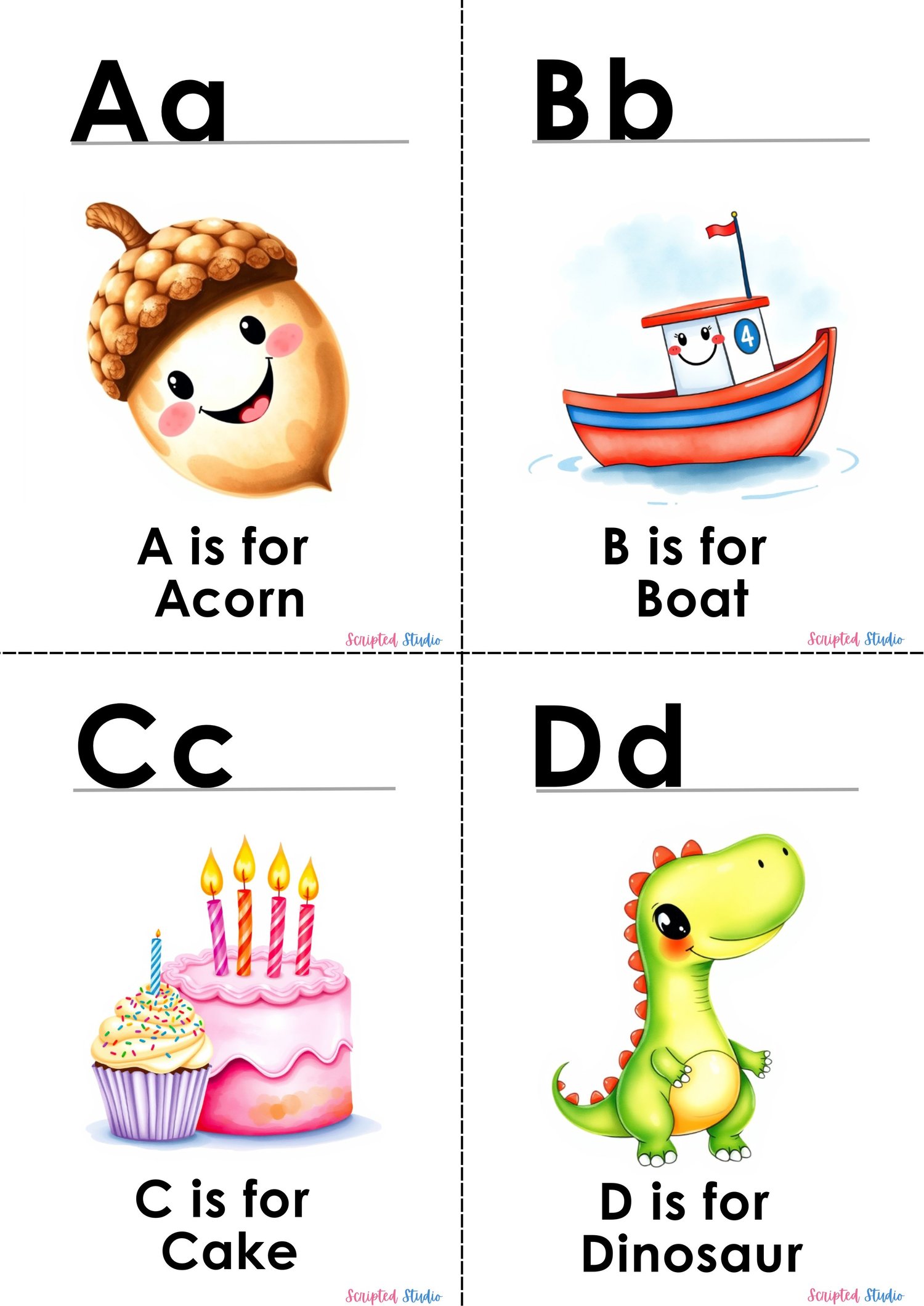 (ABC Watercolor Uppercase, and lowercase 4 flashcards, an acorn and a boat), cake and dinosaur
