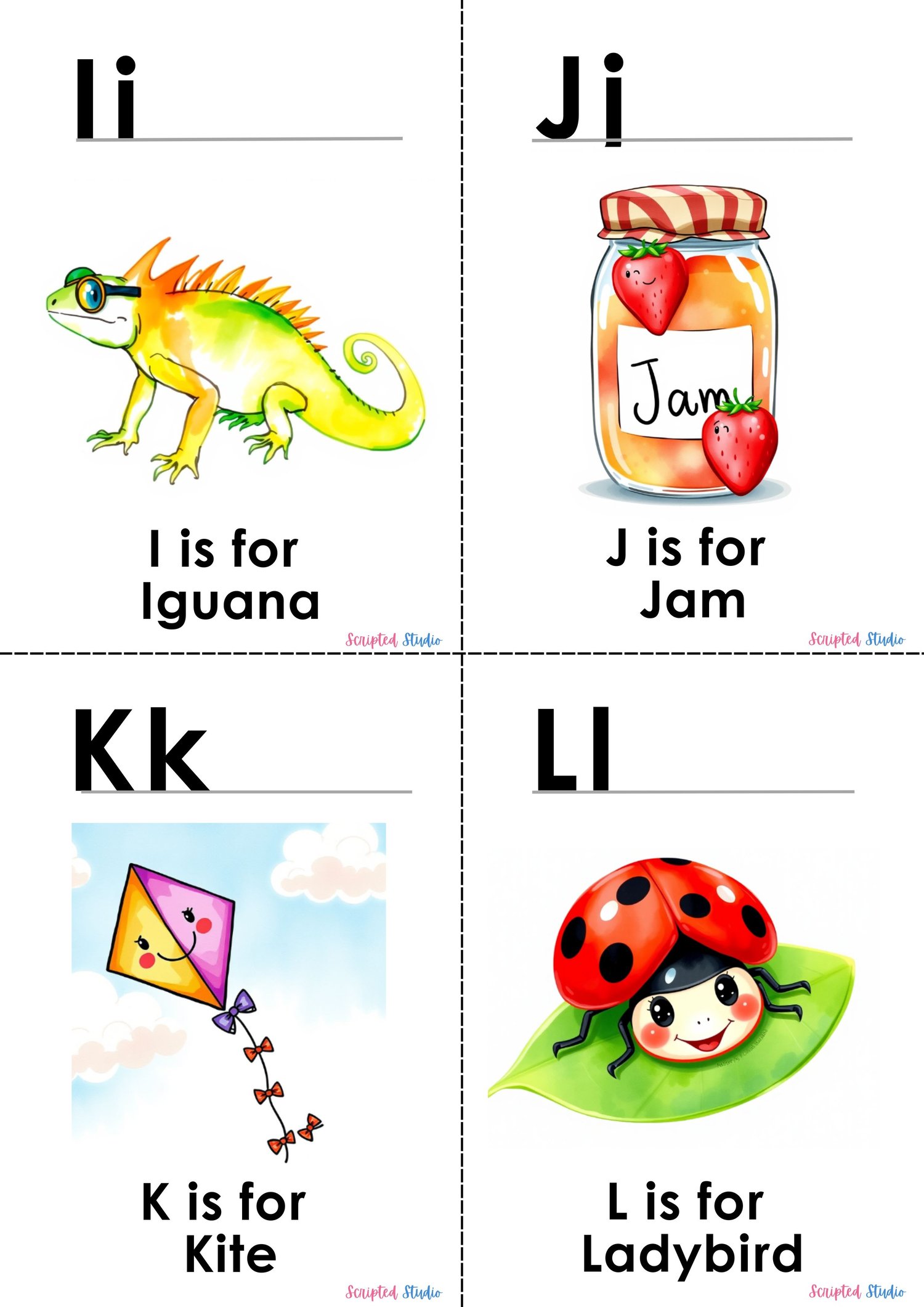 (ABC Watercolor Uppercase, and lowercase 4 flashcards an iguana and jar jam), kite and watercolor ladybird