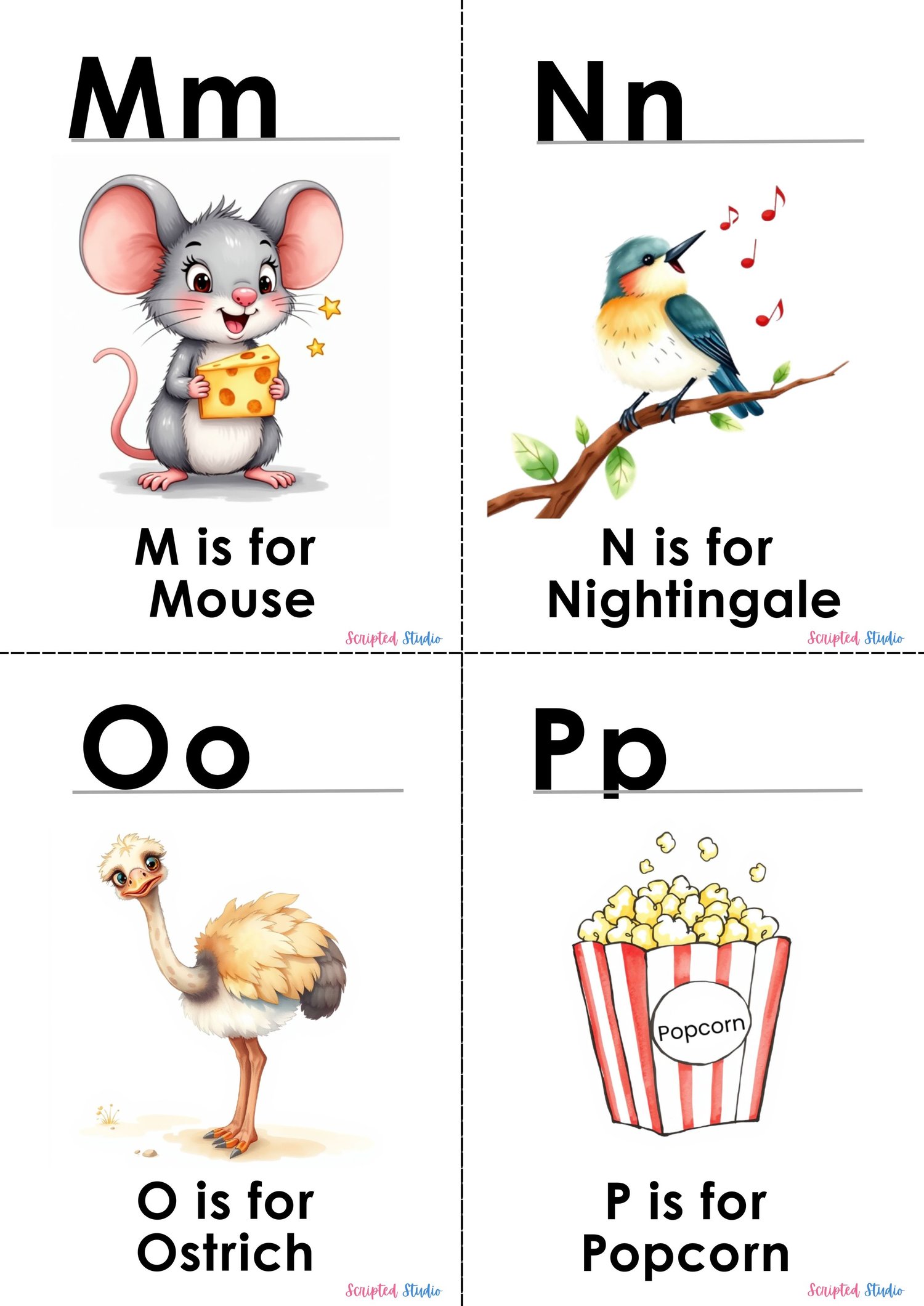 (ABC Watercolor Uppercase, and lowercase 4 flashcards a mouse, nightingale, ostrich and popcorn