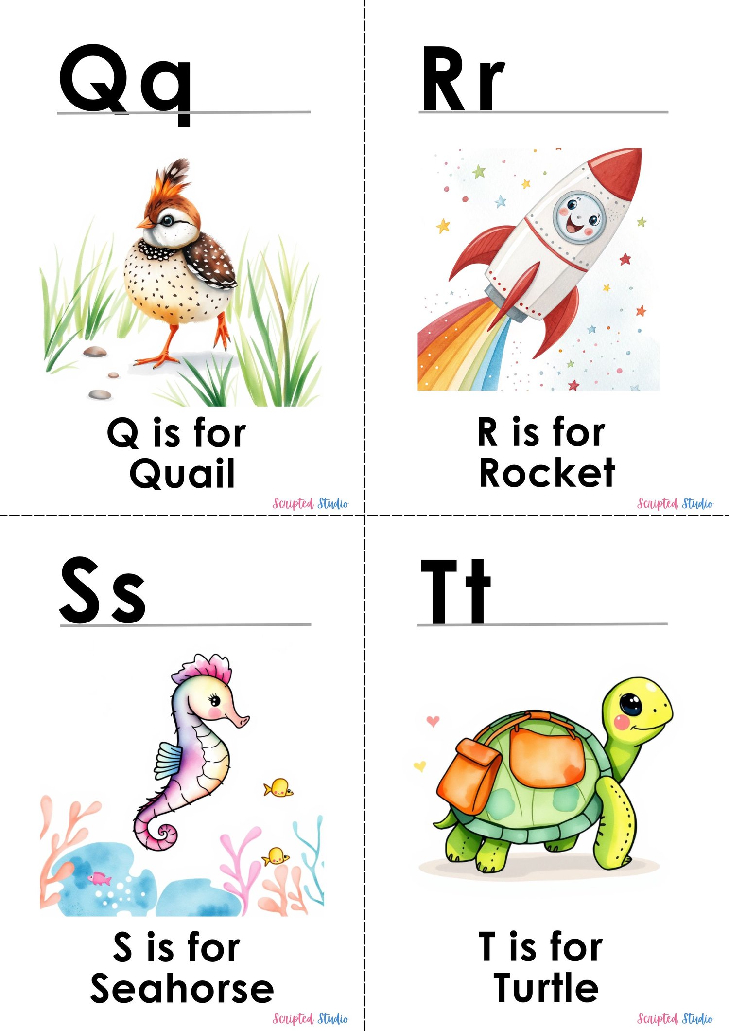(ABC Watercolor Uppercase, and lowercase 4 flashcards a quail, rocket,seahorse and turtle