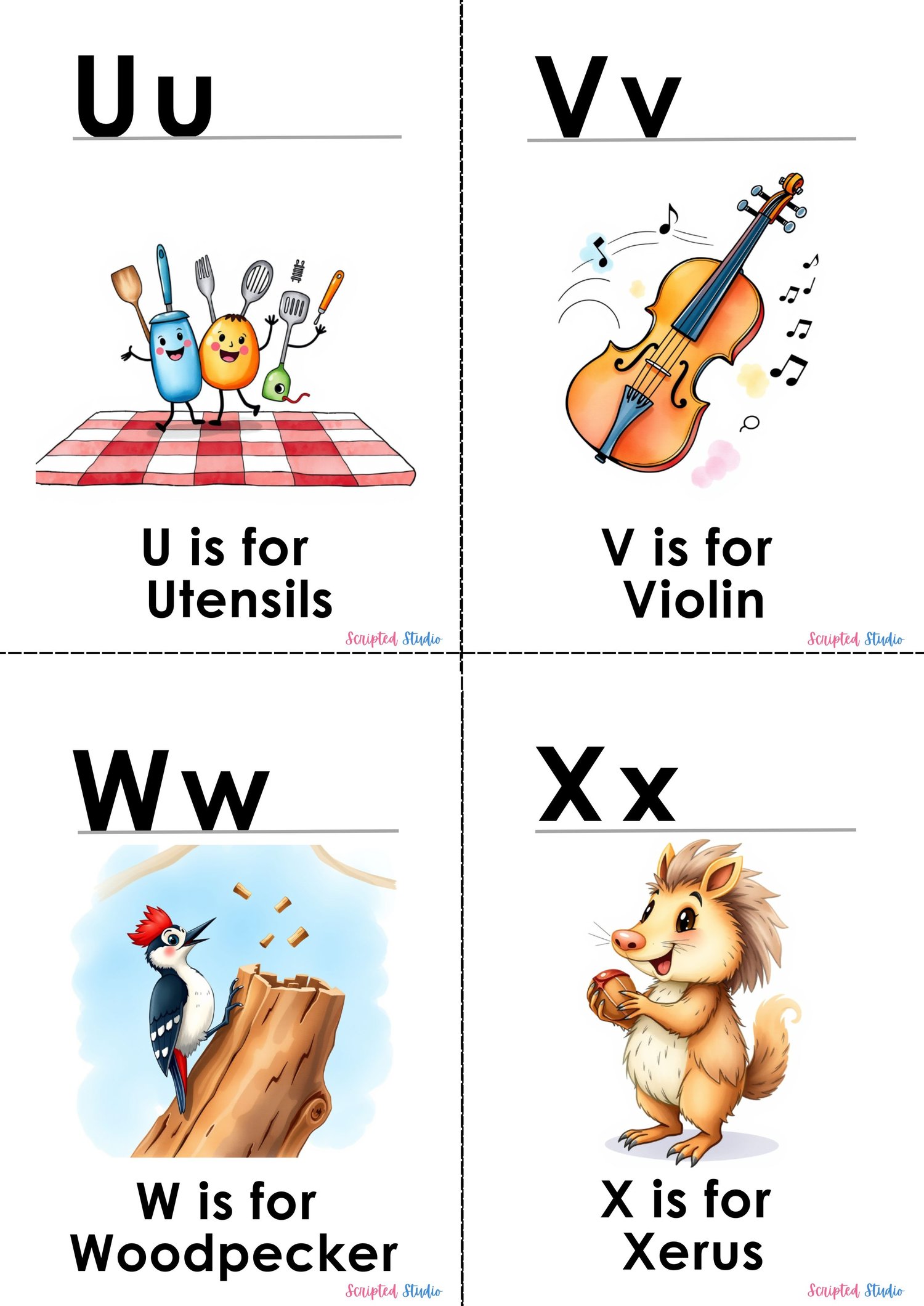 (ABC Watercolor Uppercase, and lowercase 4 flashcards utensils, violin, woodpecker and a xerus