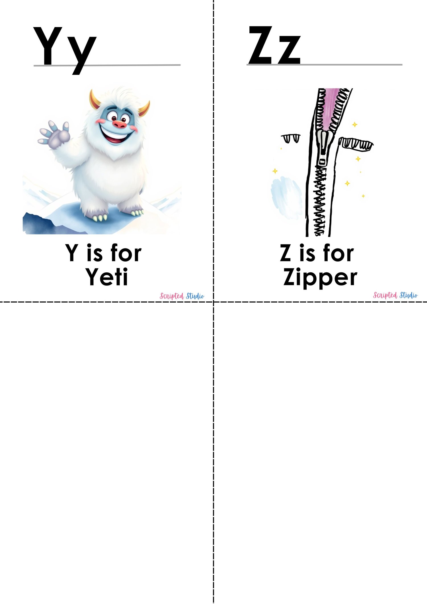 (ABC Watercolor Uppercase, and lowercase 2 flashcards a yeti and a zipper
