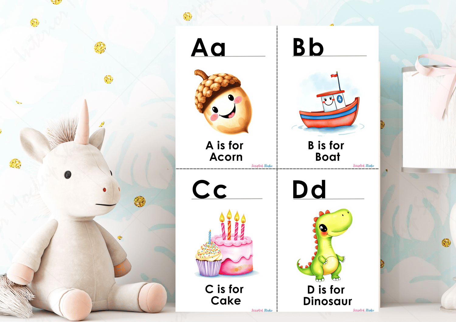 (ABC Watercolor Uppercase, and lowercase 4 flashcards, an acorn and a boat), cake and dinosaur mock up