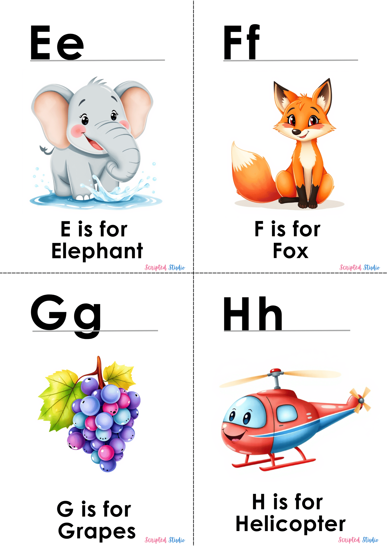 (ABC Watercolor Uppercase and lowercase for flashcards, E is for an elephant, F is for a fox), grapes and helicopter
