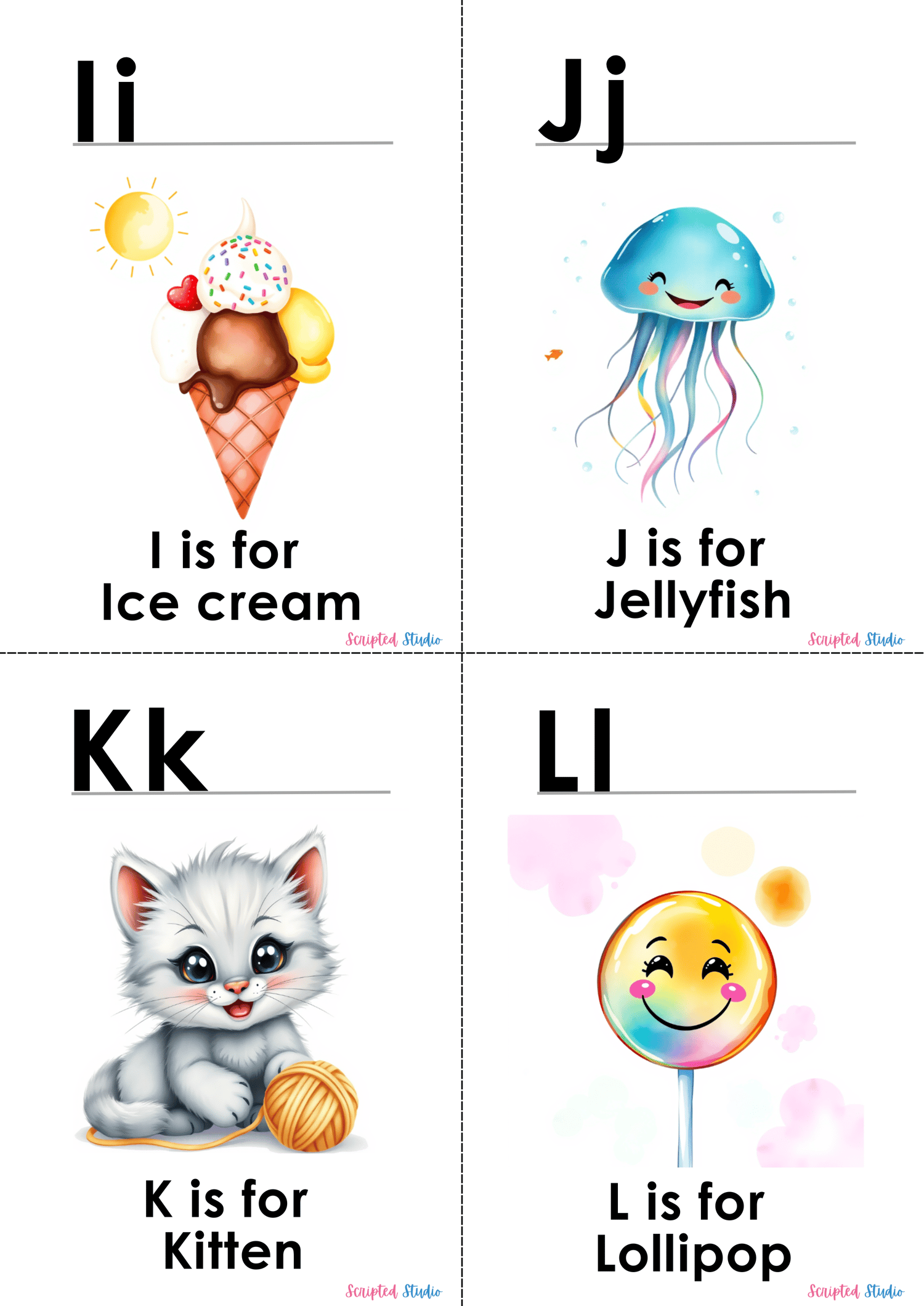 (ABC Watercolor Uppercase and lowercase two flashcards, K is for a kitten, L is for a Lollipop, kitten and lollipop