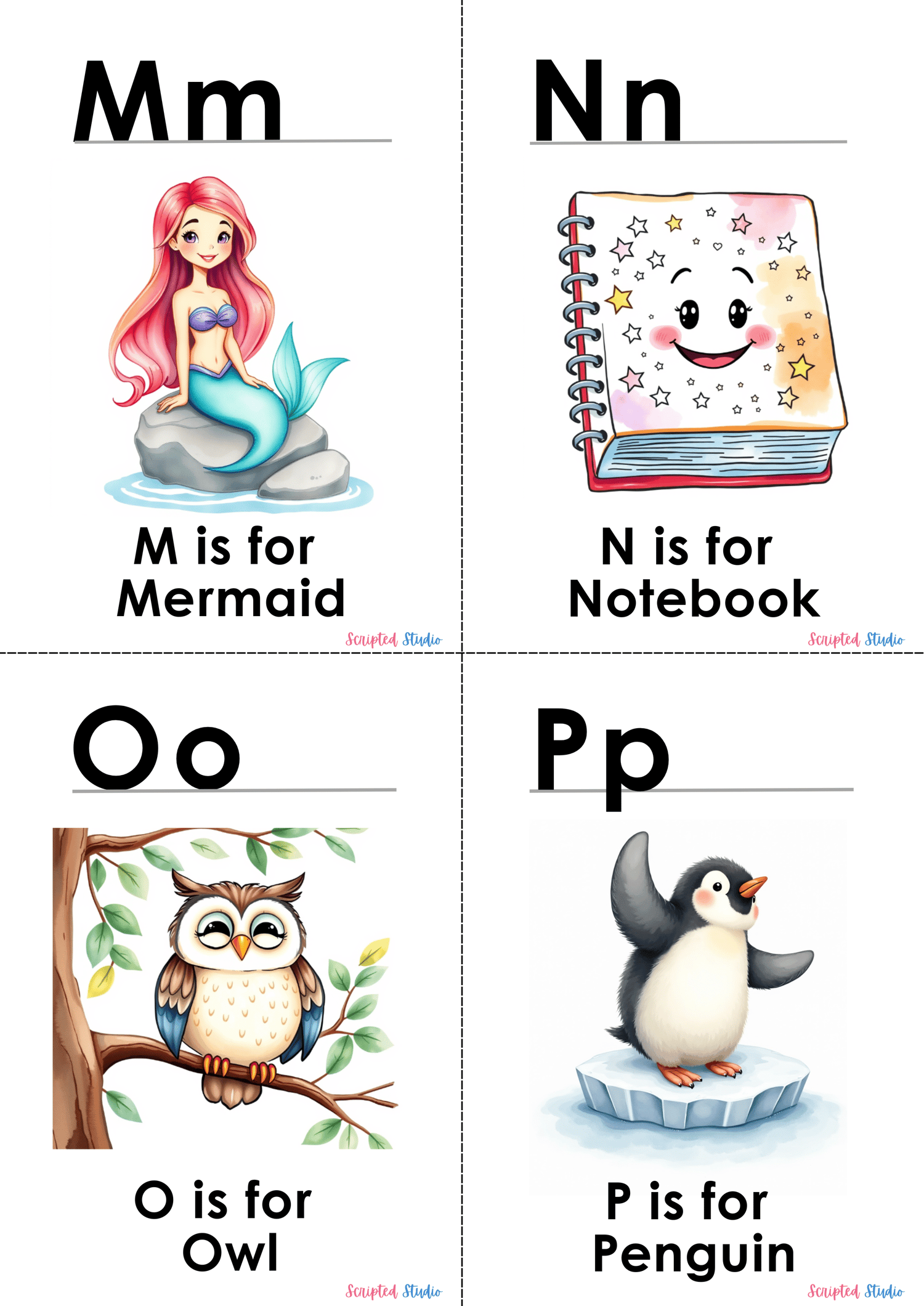 (ABC Watercolor Uppercase and lowercase for flashcards,  mermaid, notebook, owl and a Penguin.