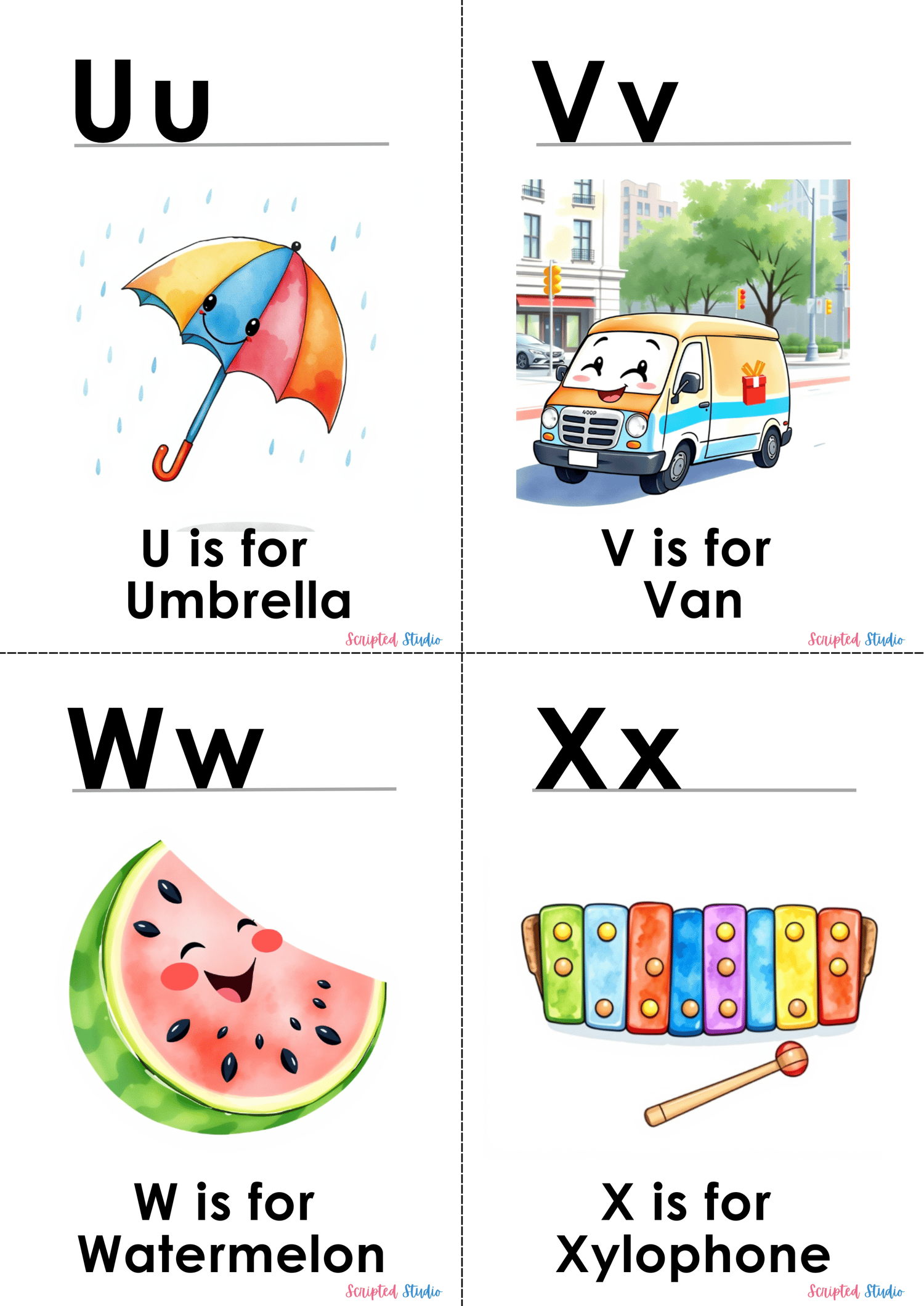 (ABC Watercolor Uppercase and lowercase for flashcards, umbrella, van, watermelon and xylophone