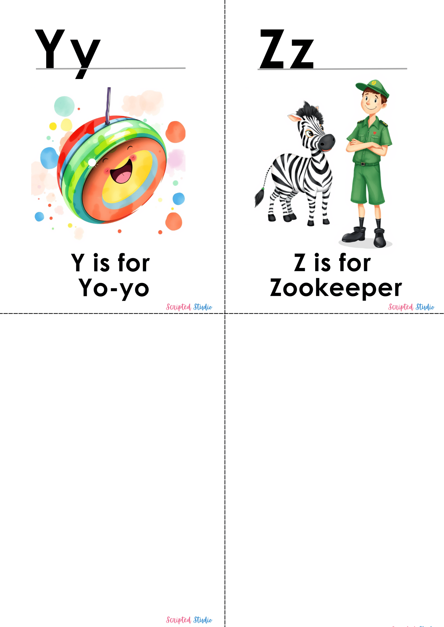 (ABC Watercolor Uppercase and lowercase four flashcards, oy-yo and zebra