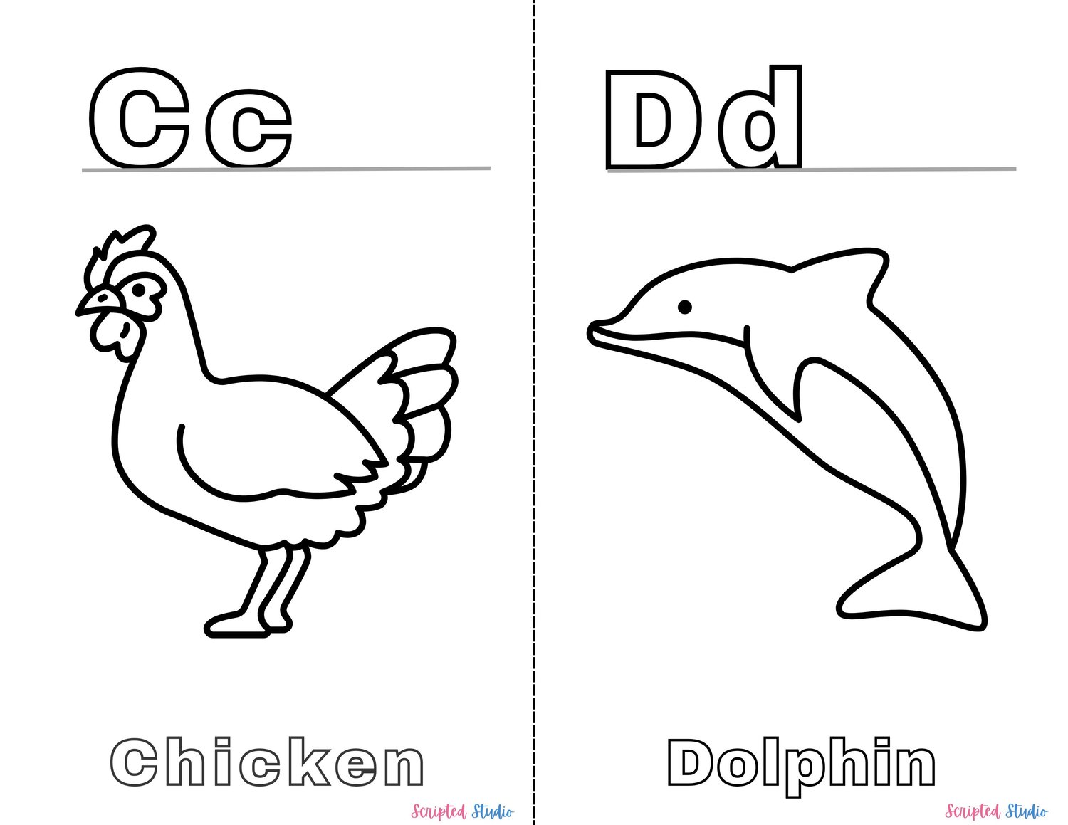 A vibrant coloring book page showing uppercase and lowercase letters alongside fun illustrations like  "Cc" for Chicken" and "Dd" for Dolphin
