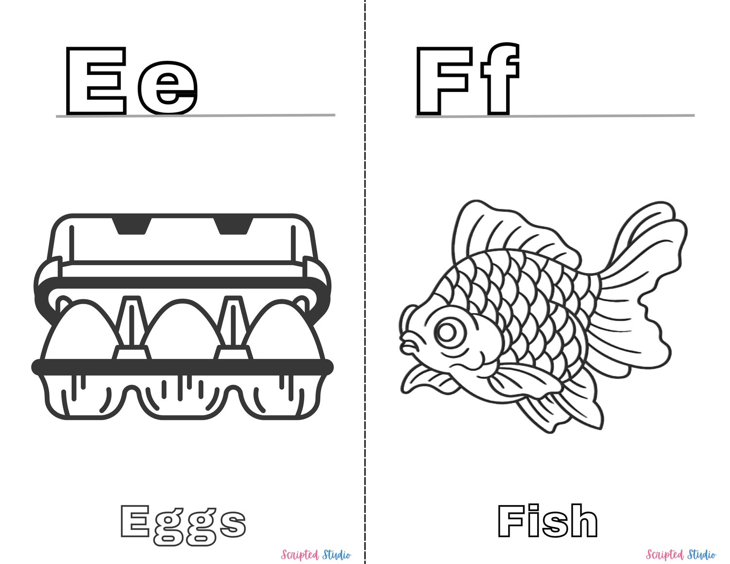 A vibrant coloring book page showing uppercase and lowercase letters alongside fun illustrations like  "Ee" for Eggs  "Ff" for Fish".