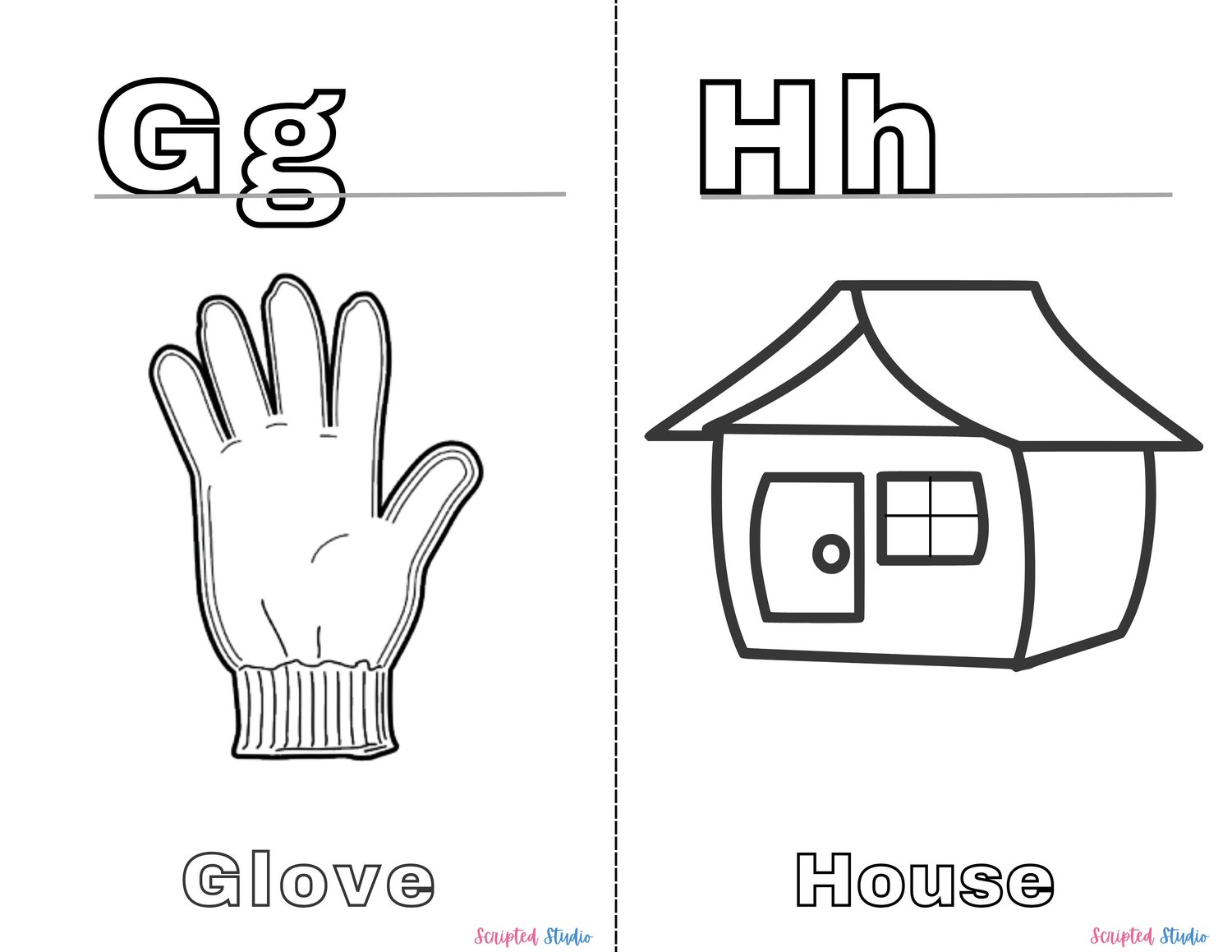 A vibrant coloring book page showing uppercase and lowercase letters alongside fun illustrations like "Gg" for Glove and "Hh" for House