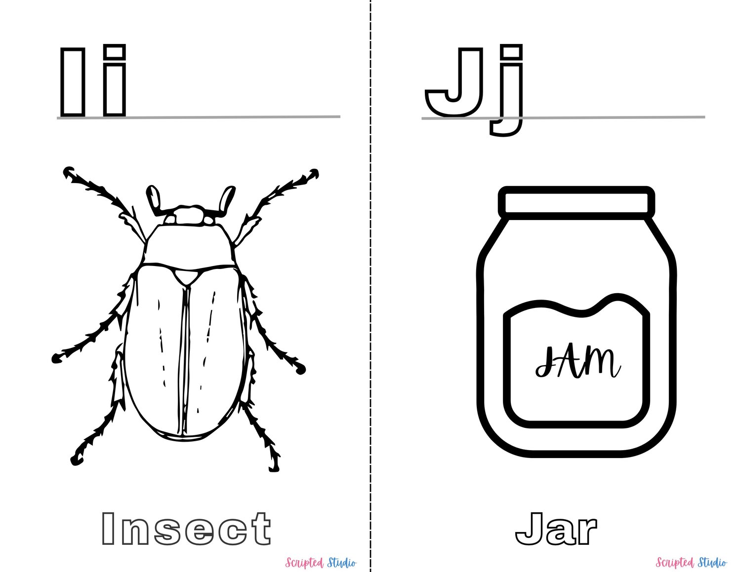 A vibrant coloring book page showing uppercase and lowercase letters alongside fun illustrations like " Ii" for Insect and "Jj" for Jam
