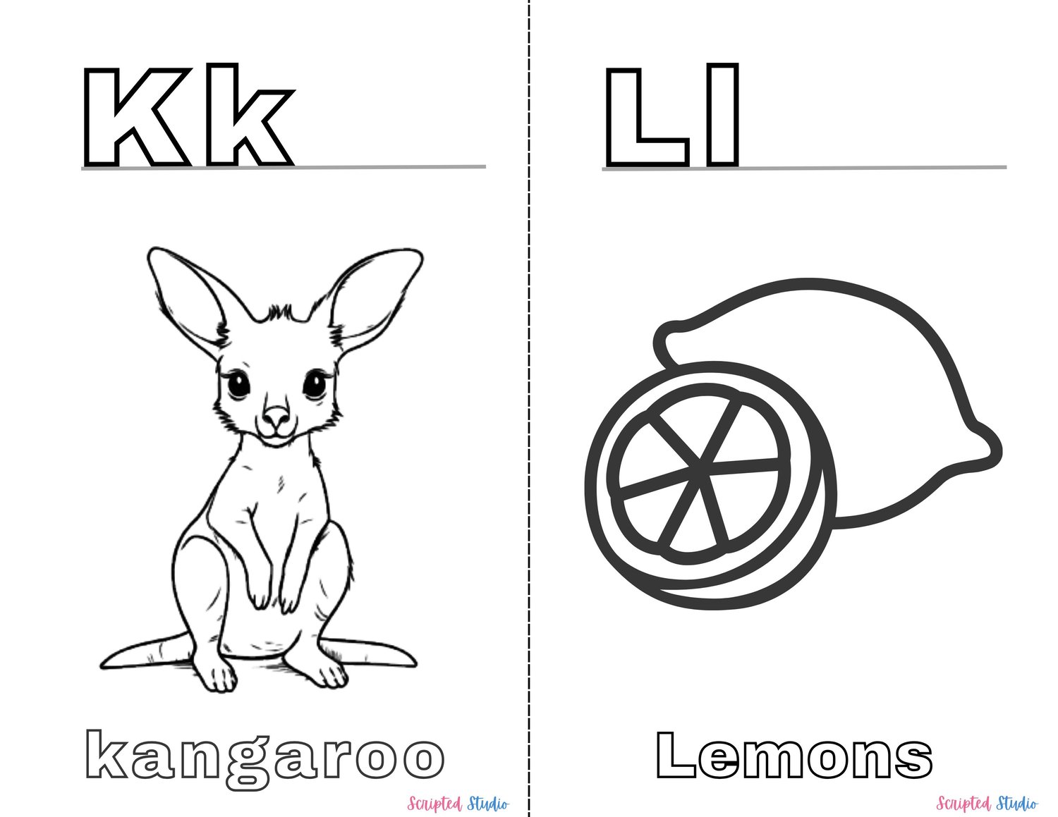 A vibrant coloring book page showing uppercase and lowercase letters alongside fun illustrations like  "Kk" For Kangaroo and "Ll"  Lemon