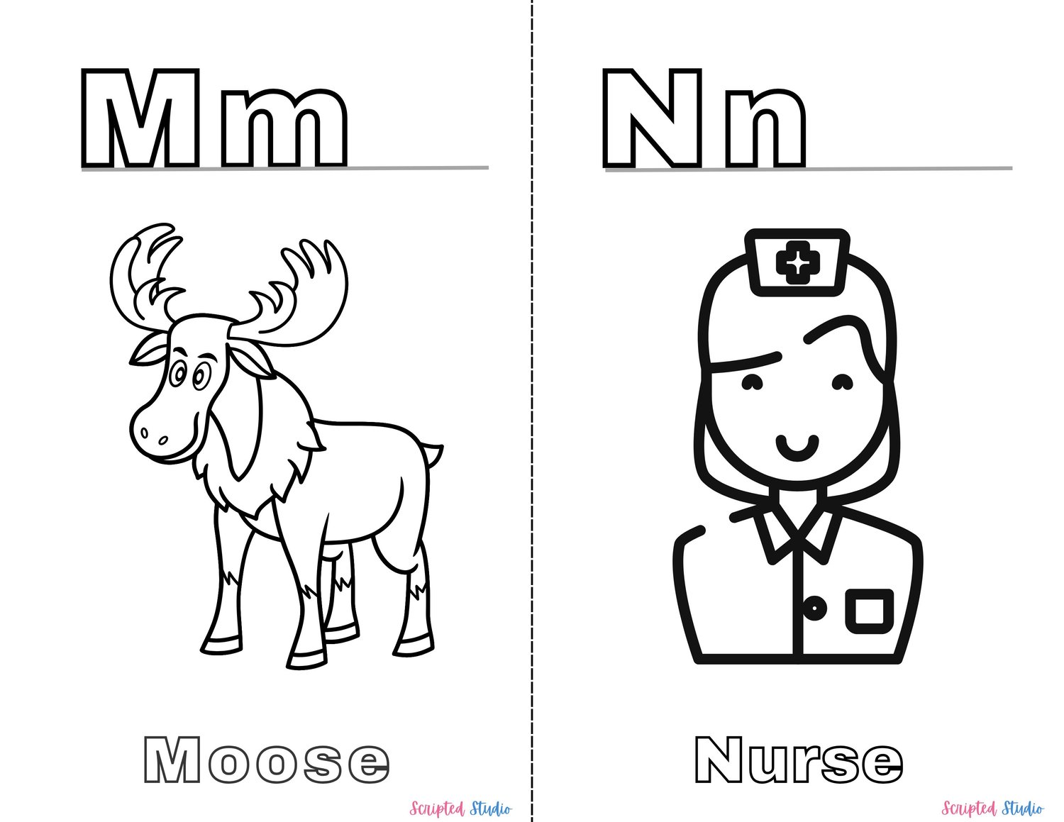 A vibrant coloring book page showing uppercase and lowercase letters alongside fun illustrations like  " Mm " Moose and "Nn" Nurse