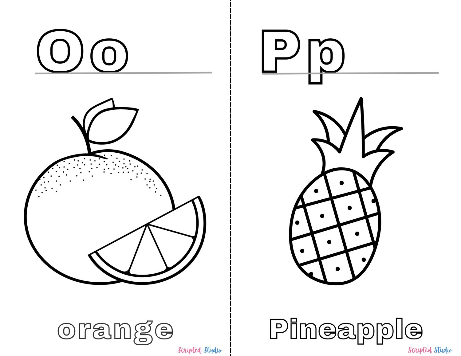 A vibrant coloring book page showing uppercase and lowercase letters alongside fun illustrations like  " OO" Orange and "Pp" Pineapple