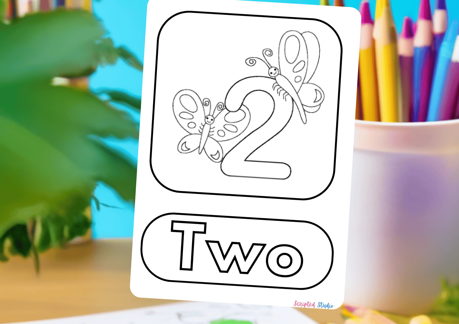 A delightful coloring page showing the number “number “2” with two playful butterflies.