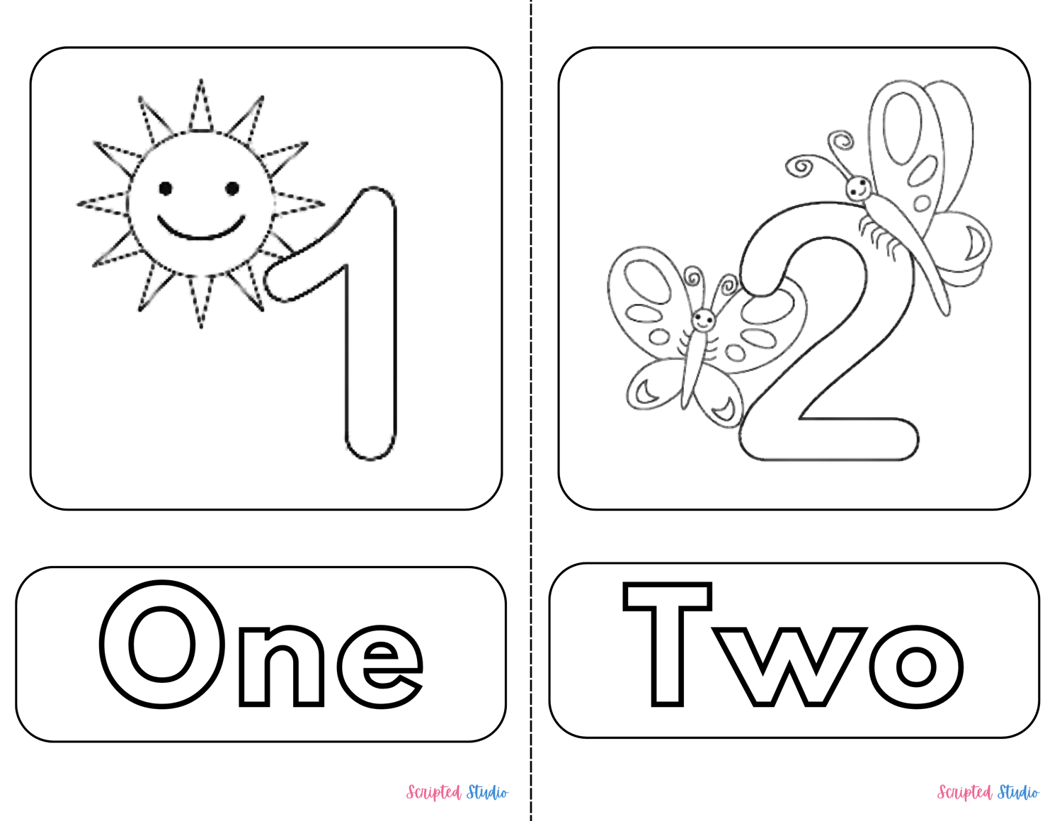 A delightful coloring page showing the number “1” with a smiling sun and the number “2” with two playful butterflies.