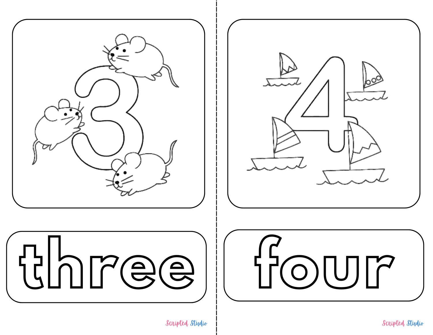 A delightful coloring objests showing the number “3” with 3 mice and four boats
