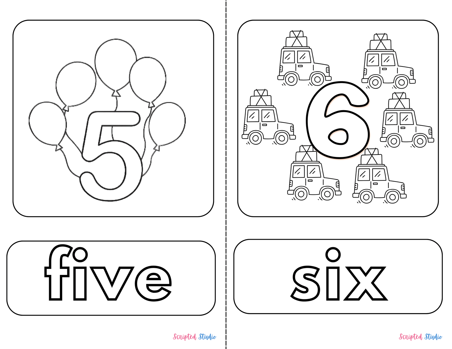 A delightful coloring objects with five balloons and 6 with six vans