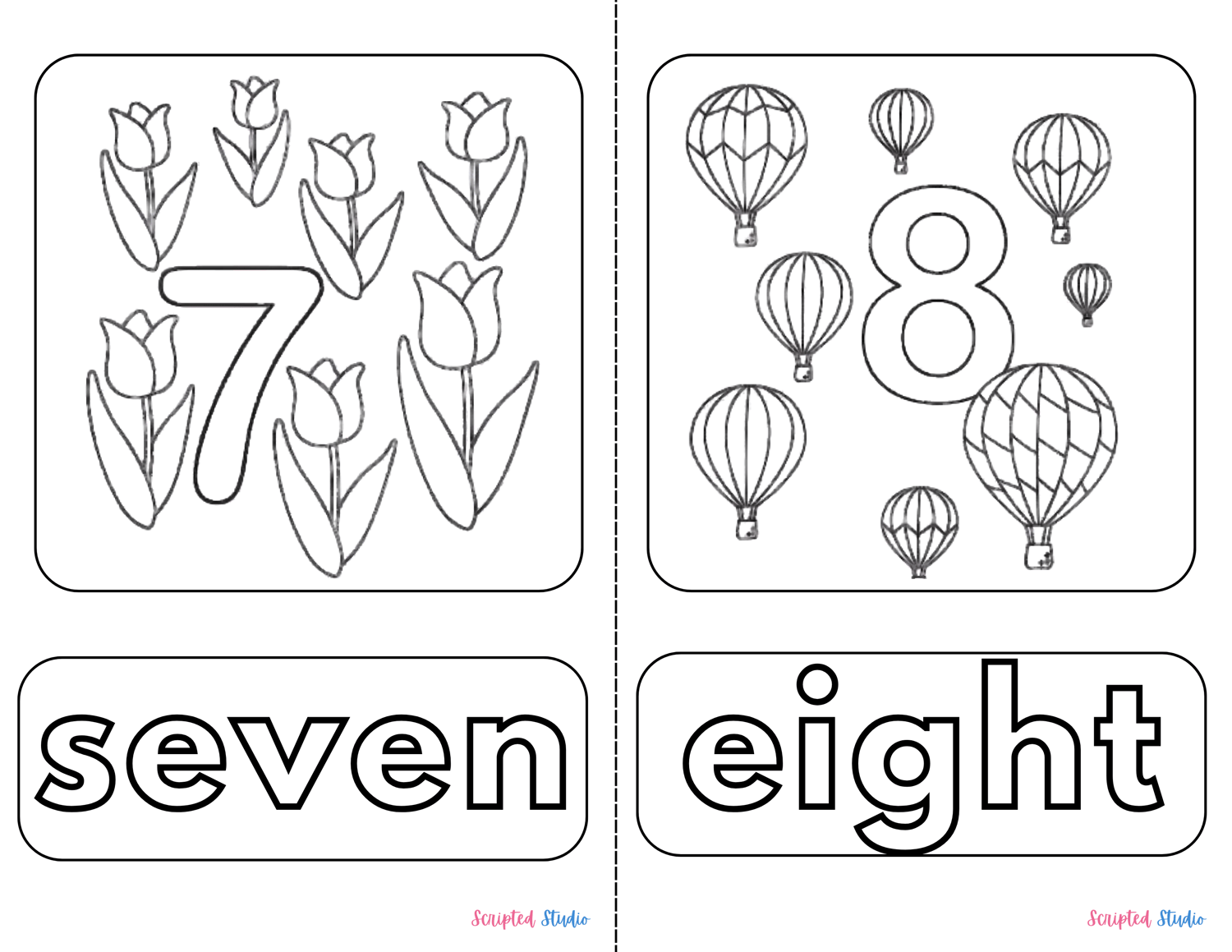 A delightful coloring objects showing the number counting Page “7”  and  " 8" with images to count
