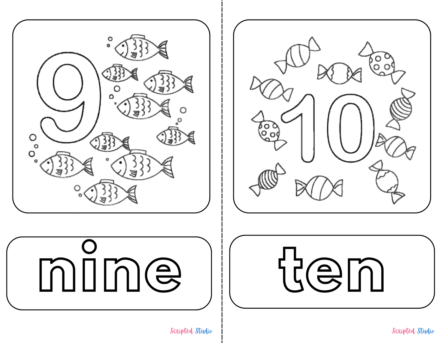 A delightful coloring page showing the number counting objects “9”  and  " 10" with images to count