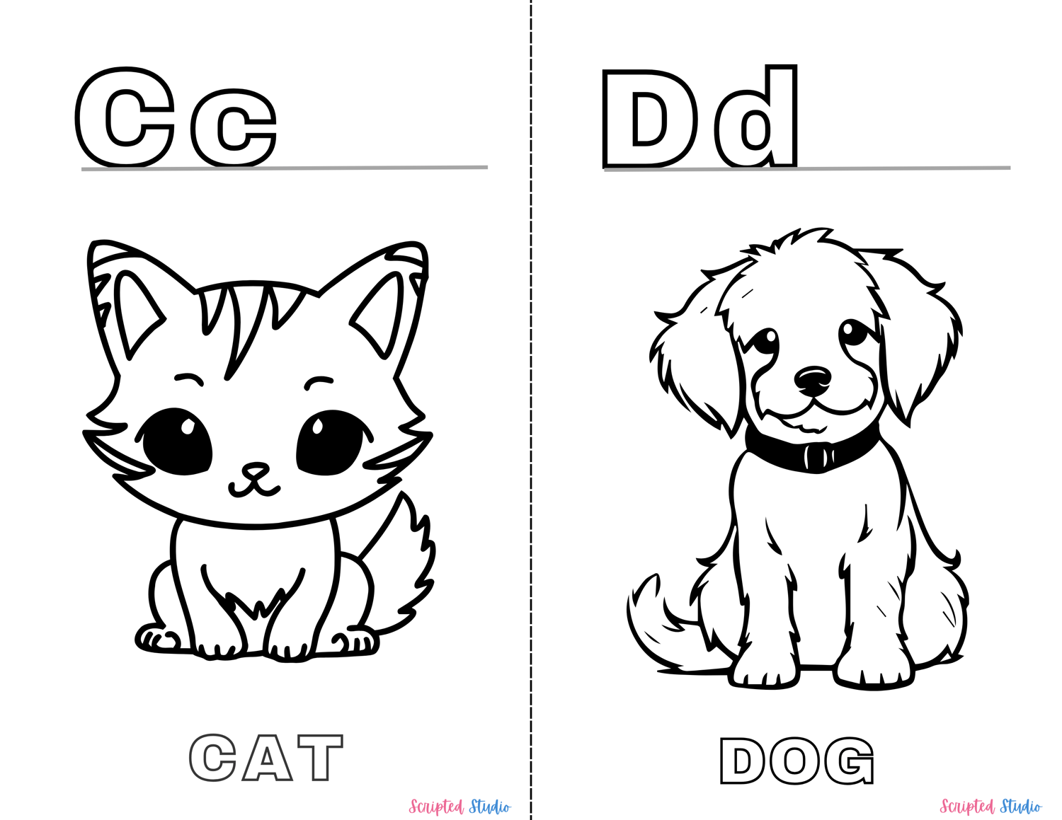 A vibrant coloring book page showing uppercase and lowercase letters alongside fun illustrations like an  "C" for Cat and "D" for dog